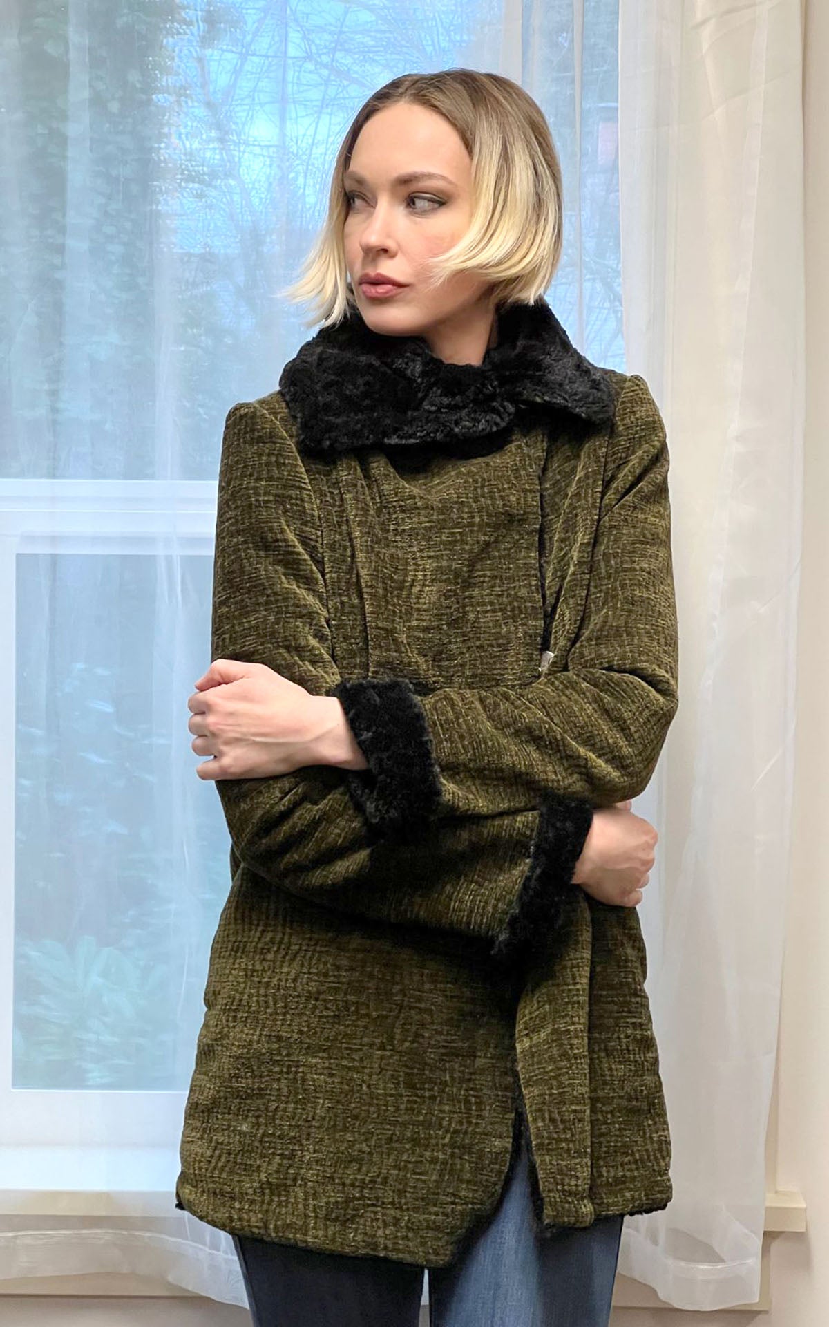 Hepburn Swing coat in olive Lancaster with black faux fur hand made in Seattle WA USA