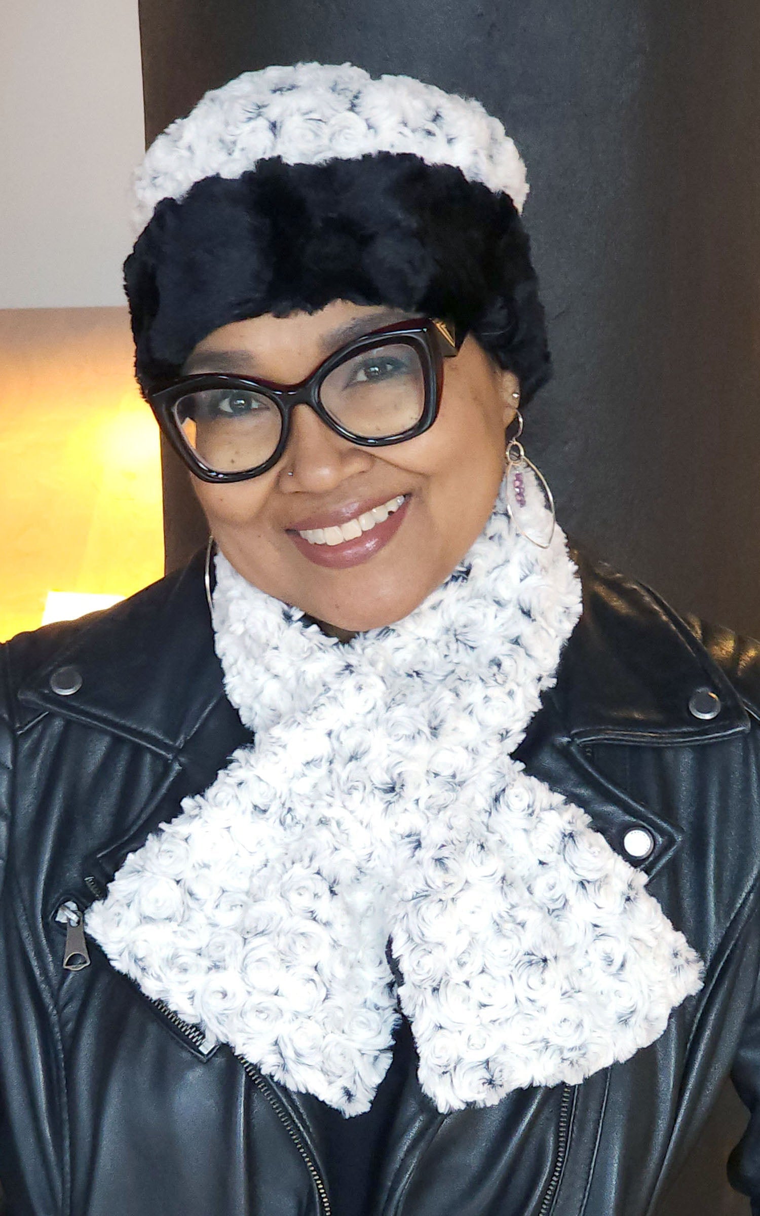 Model wearing Hat and Scarf | Cuffed Pillbox and Pull Thru Scarf in Rosebud Black and Cuddly Black Faux Fur | Handmade USA Pandemonium Seattle