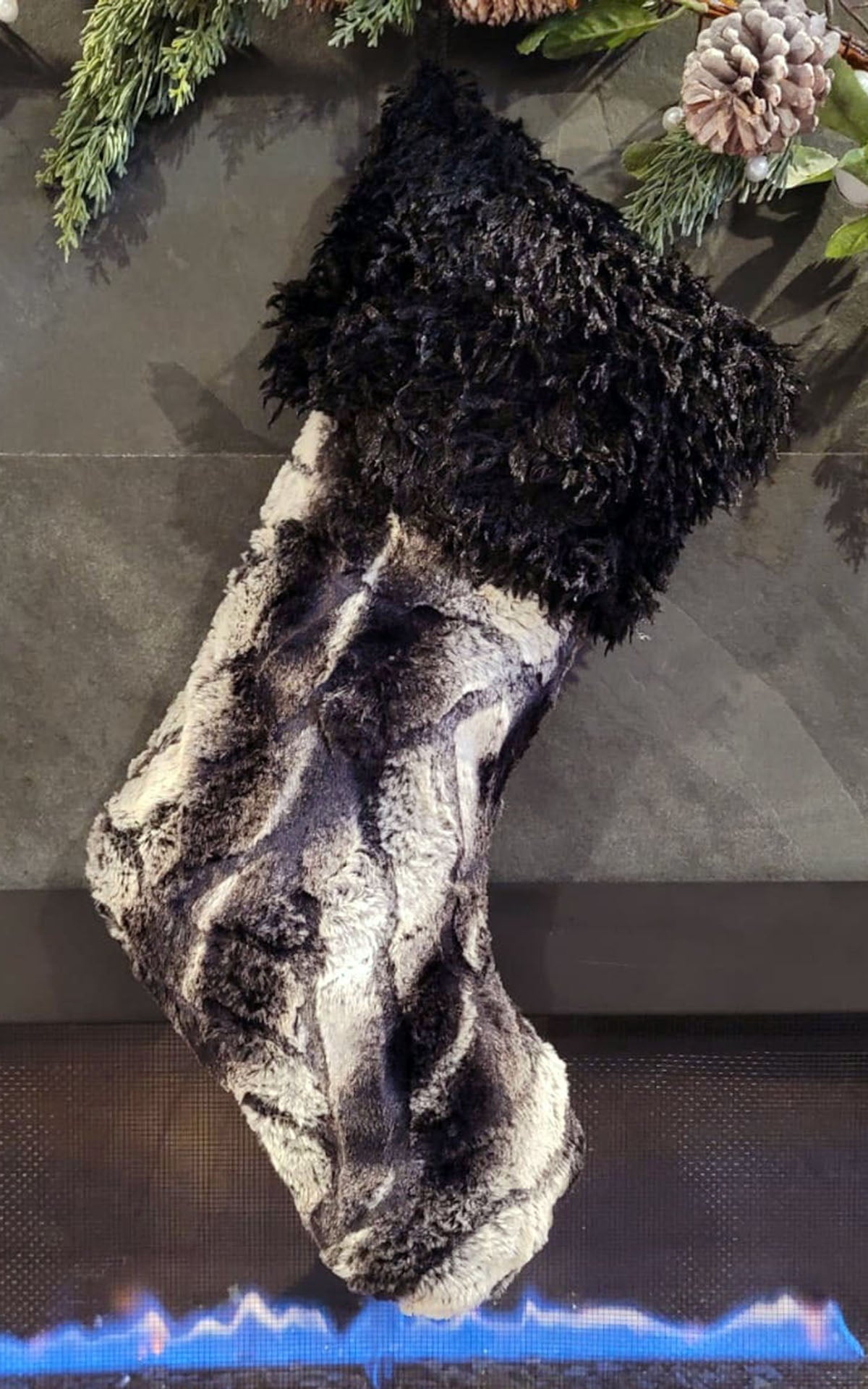 Christmas holiday stocking hanging on fireplace | Black and Cream | Luxury Faux Fur in Honey Badger and Black Swan | Handmade by Pandemonium Millinery Seattle, WA usa 