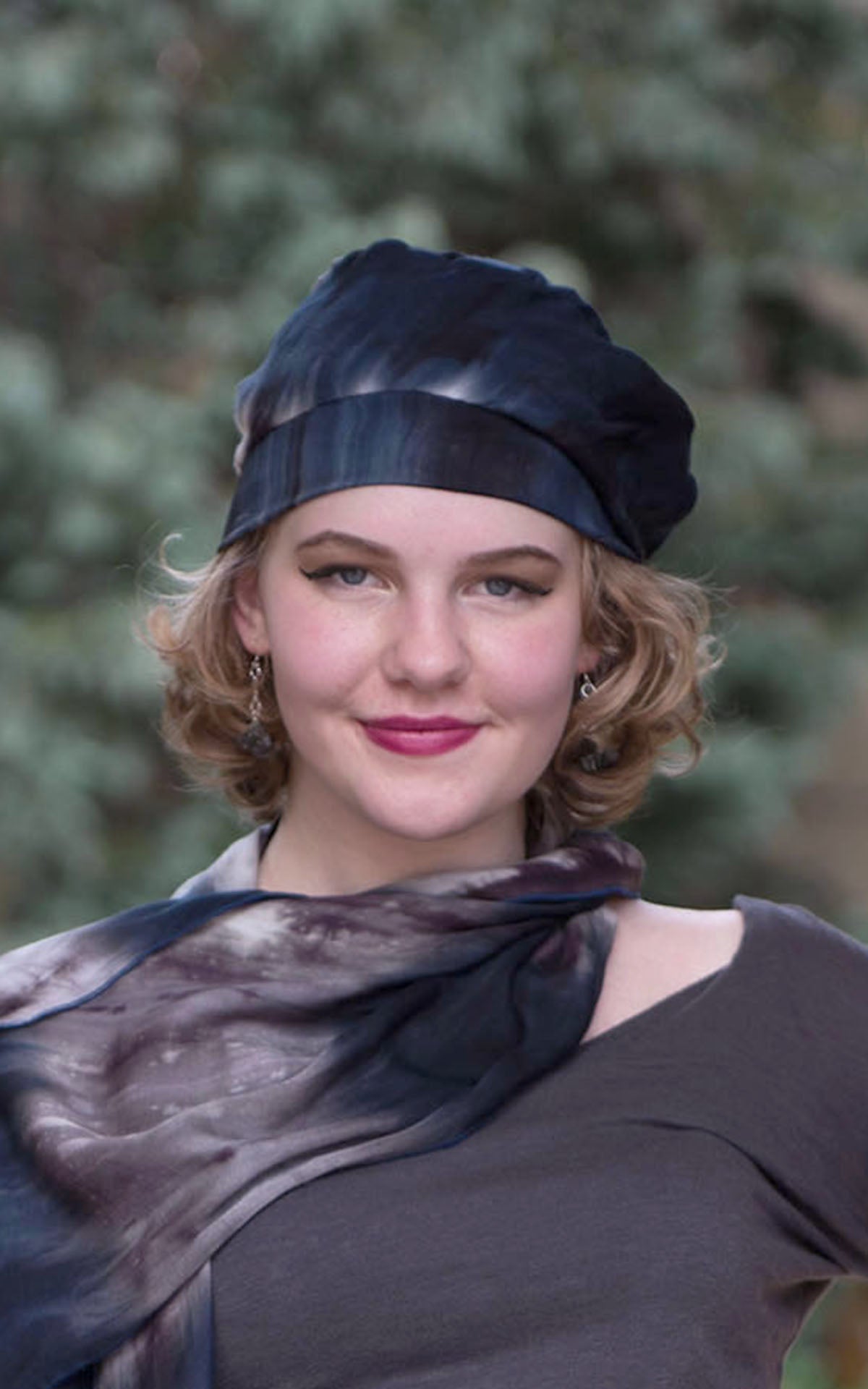 Model wearing Rowdie Hat in Oolong Tea Time Cotton Challis