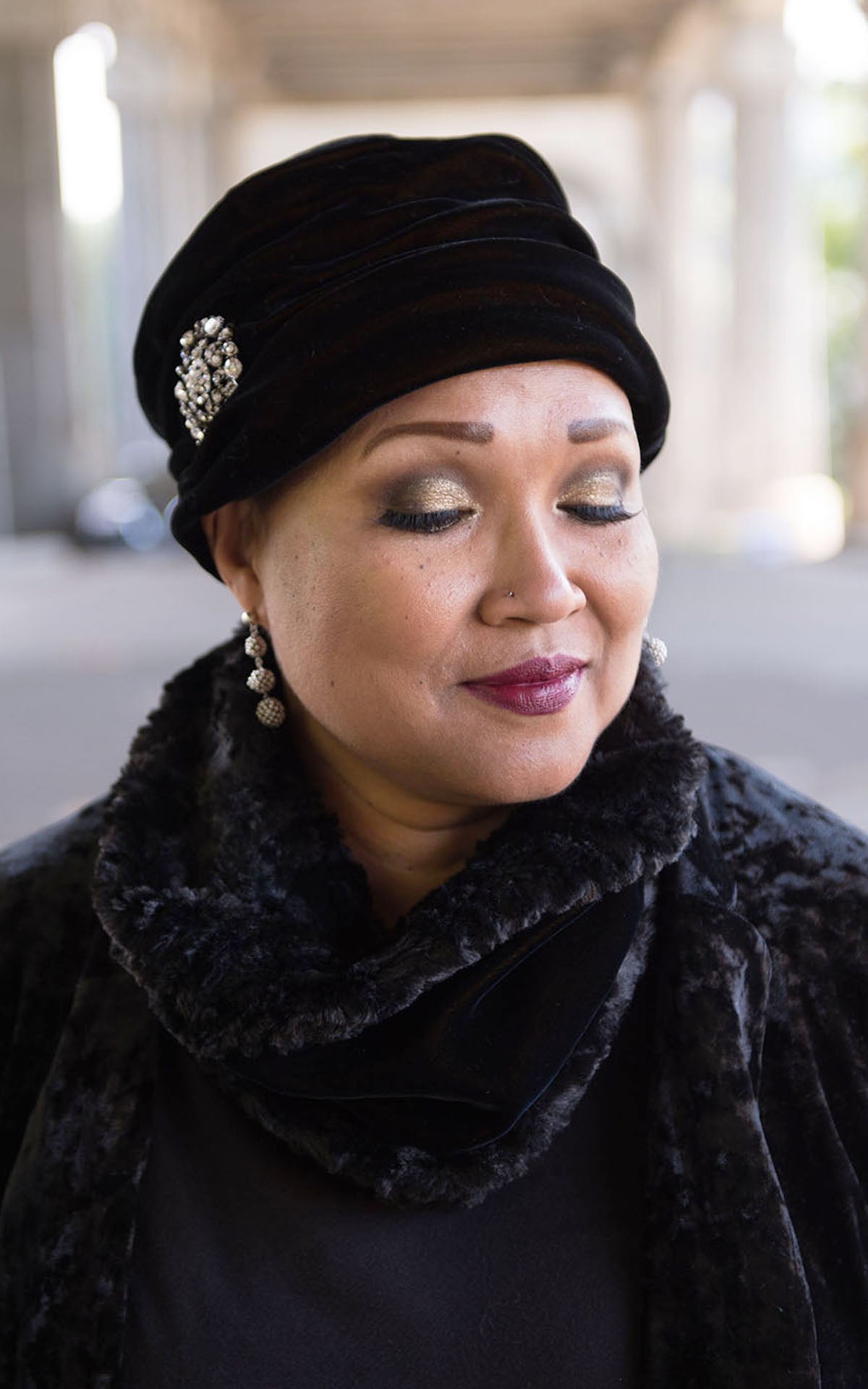 Ana cloche style hat in black velvet wit rhinestone brooch handmade in Seattle WA