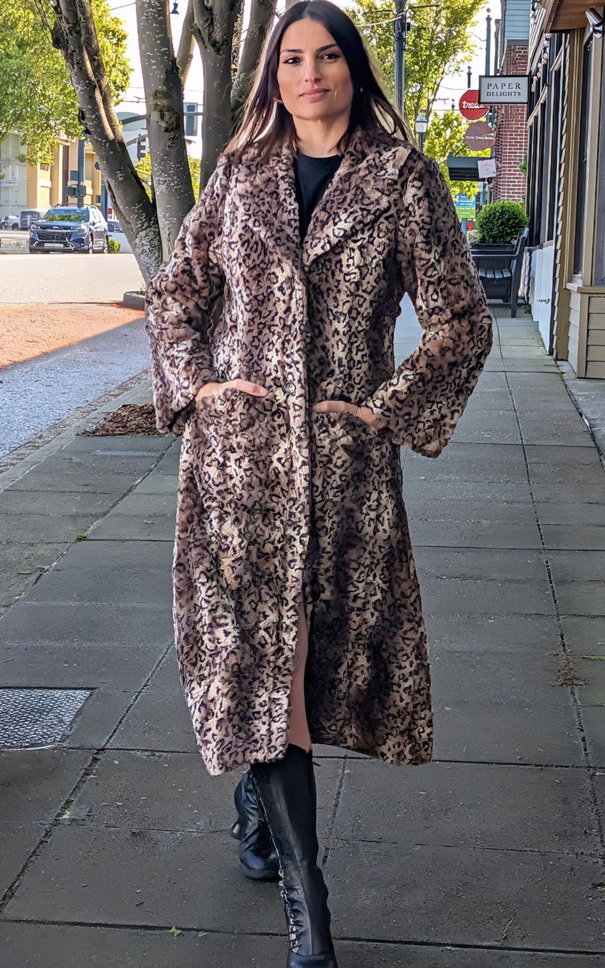 model wearing a Faux Fur Coat leoprd coat | Handmade by Pandemonium Millinery