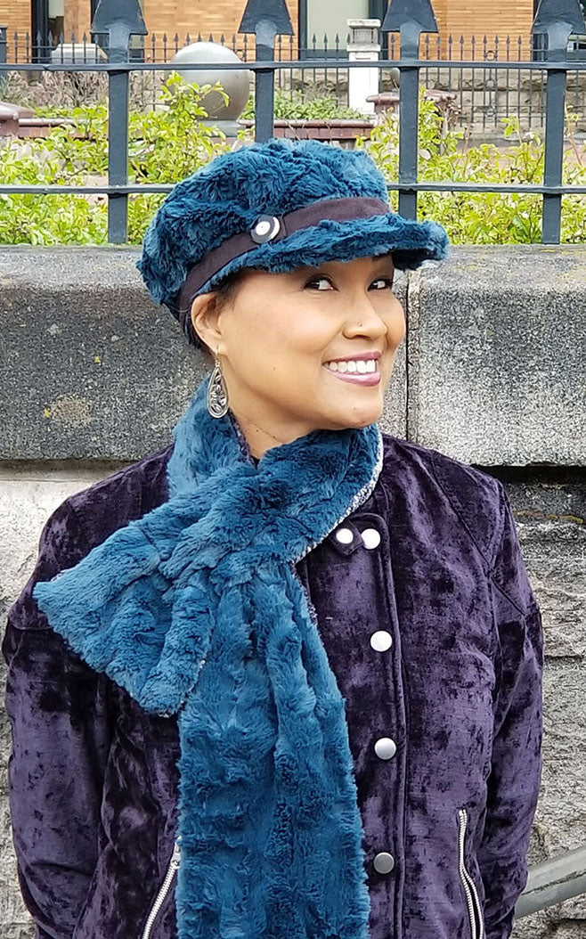 Valerie Cap, hat style in Peacock Pond Faux fur Handmade in Seattle WA USA