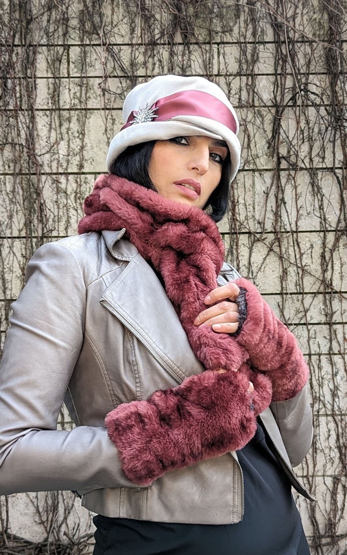 Reversible Fingerless Gloves | Mid-Length Maple Glow Faux Fur | Pandemonium Millinery