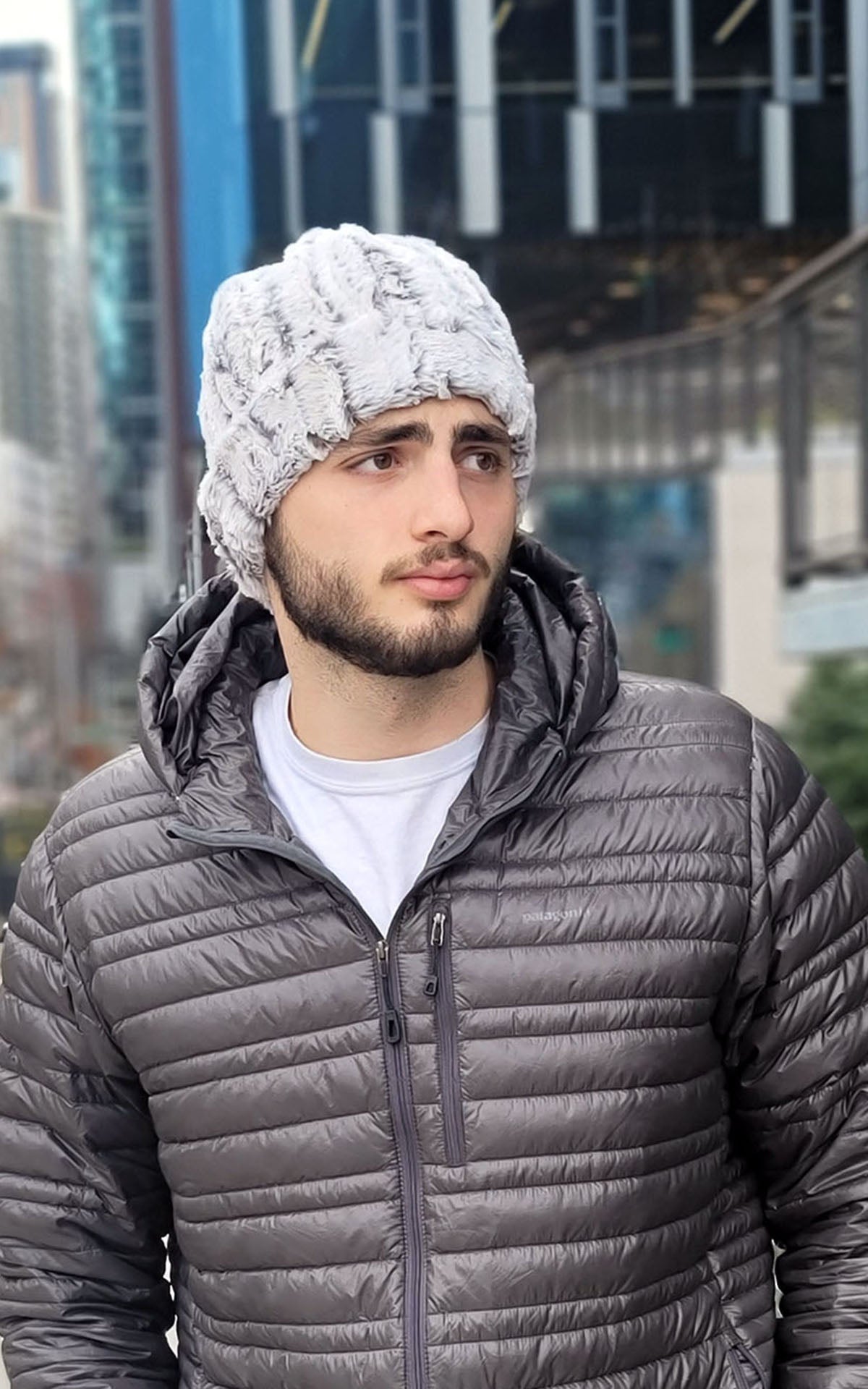 Men's faux fur beanie hat in khaki handmade USA by Pandemonium Seattle