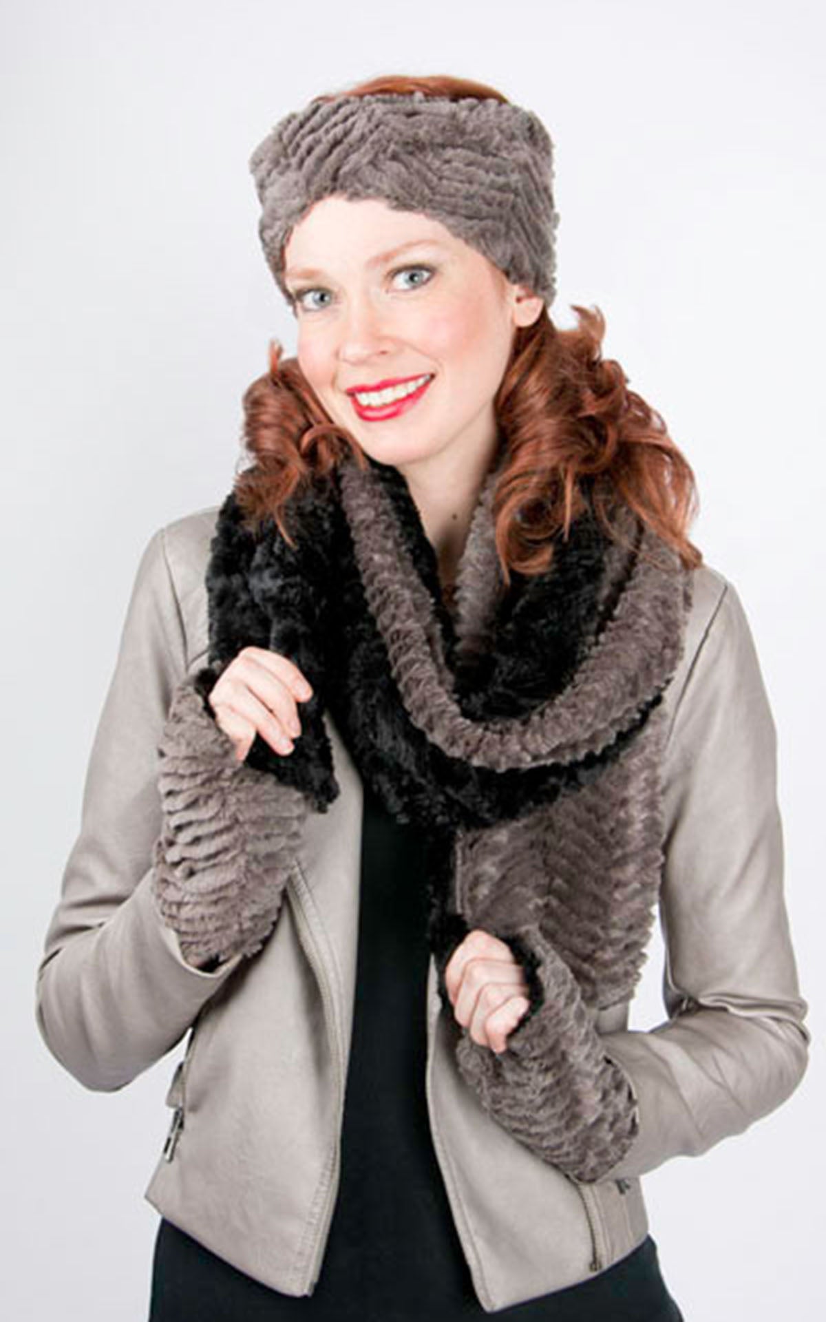 Fingerless Gloves and Headband in Gray Chevron Faux Fur handmade in Seattle WA USA