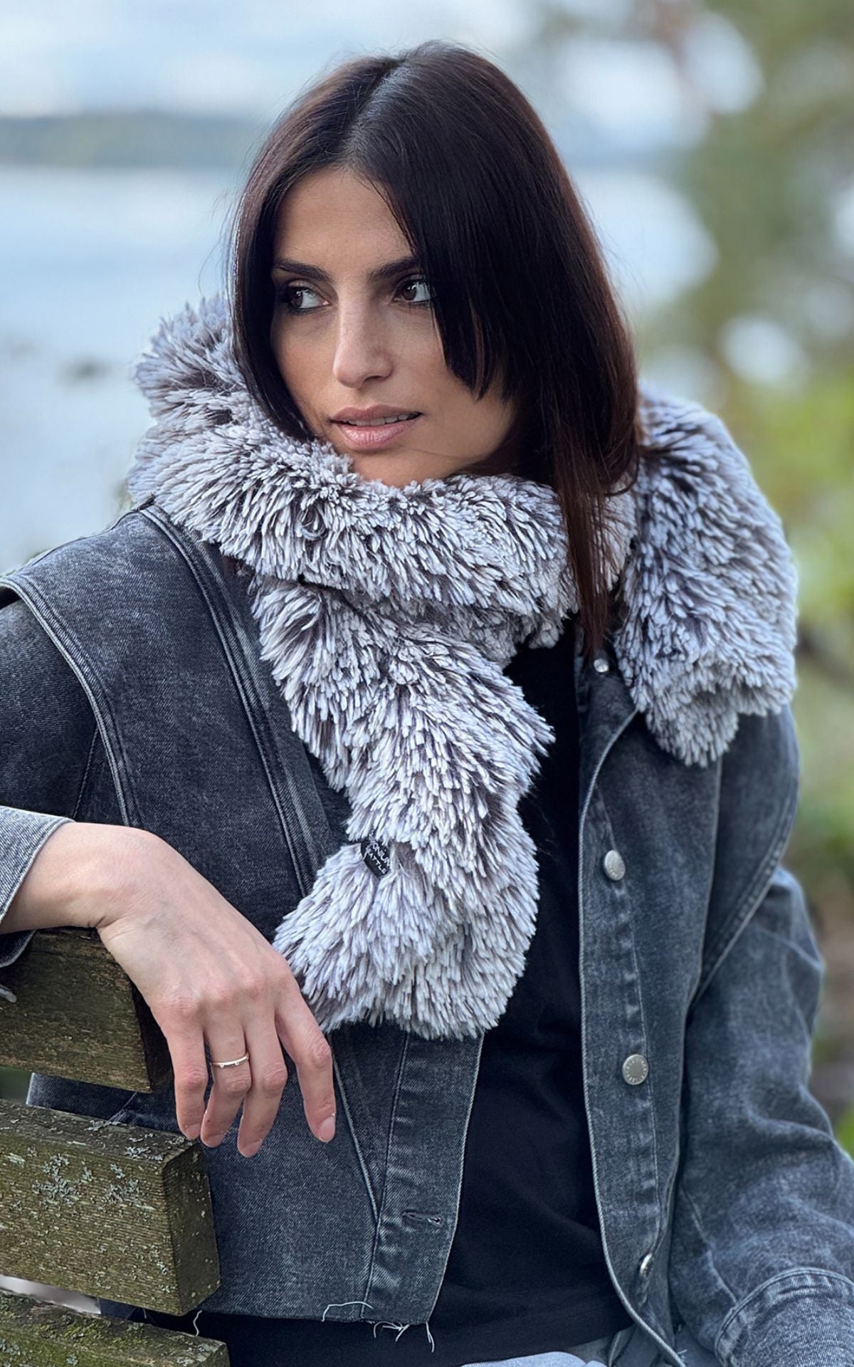 Woman wearing the Scrunchy Scarf in Pearl Fox Faux Fur.