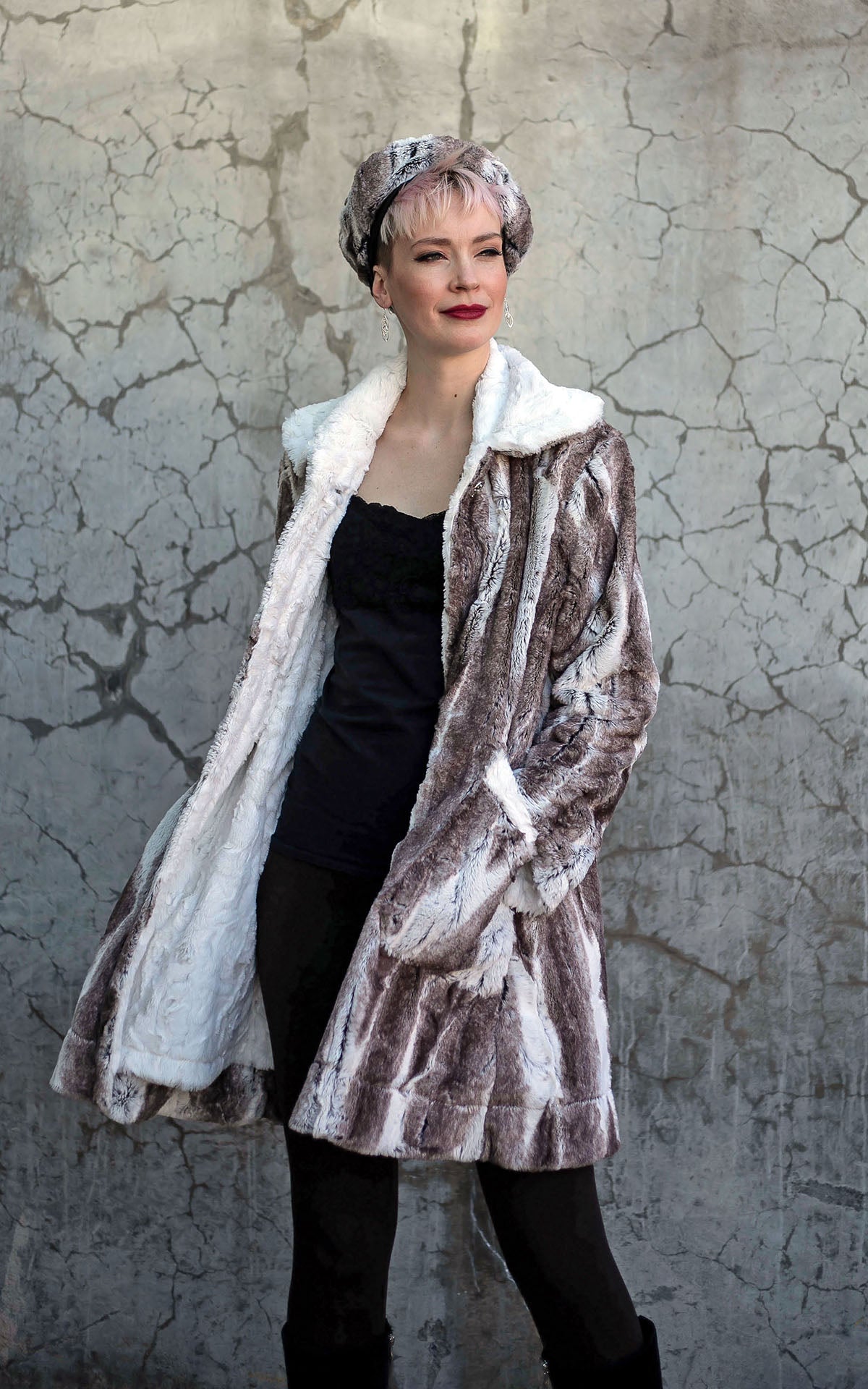 Garland Coat in Birch Faux Fur with matching Beret on model handmade in Seattle WA USA by Pandemonium Millinery