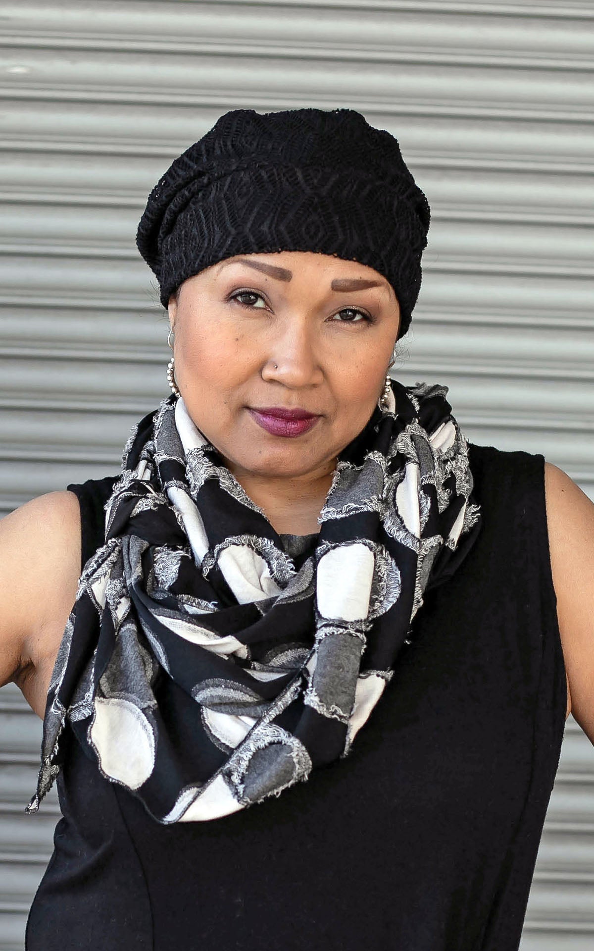 Rowdie slouchy hat great for hair loss and bad hair days shown in black diamonds - handmade in Seattle WA, USA