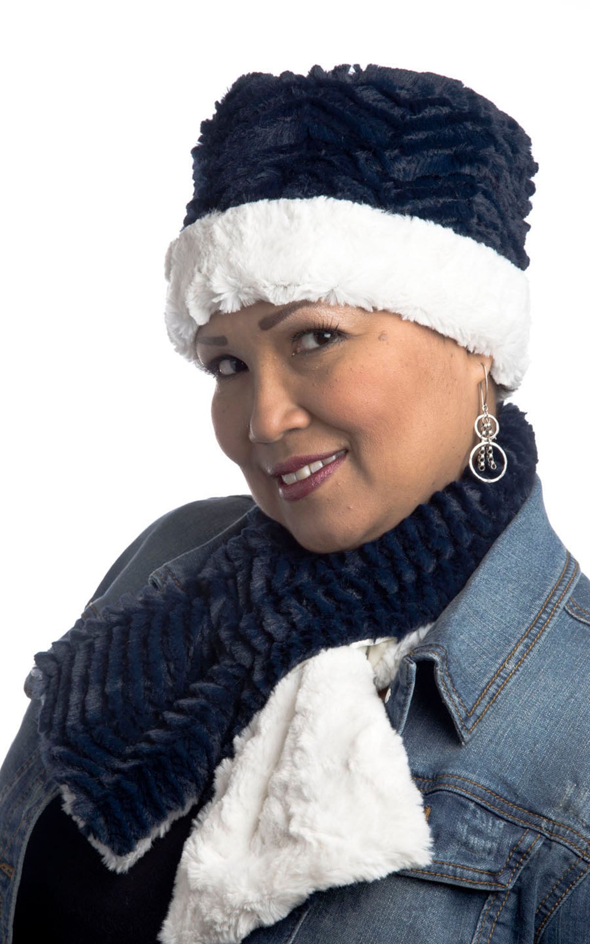 Cuffed Pillbox in Navy Chevron with Ivory Faux Fur handmade in Seattle WA USA by Pandemonium millinery