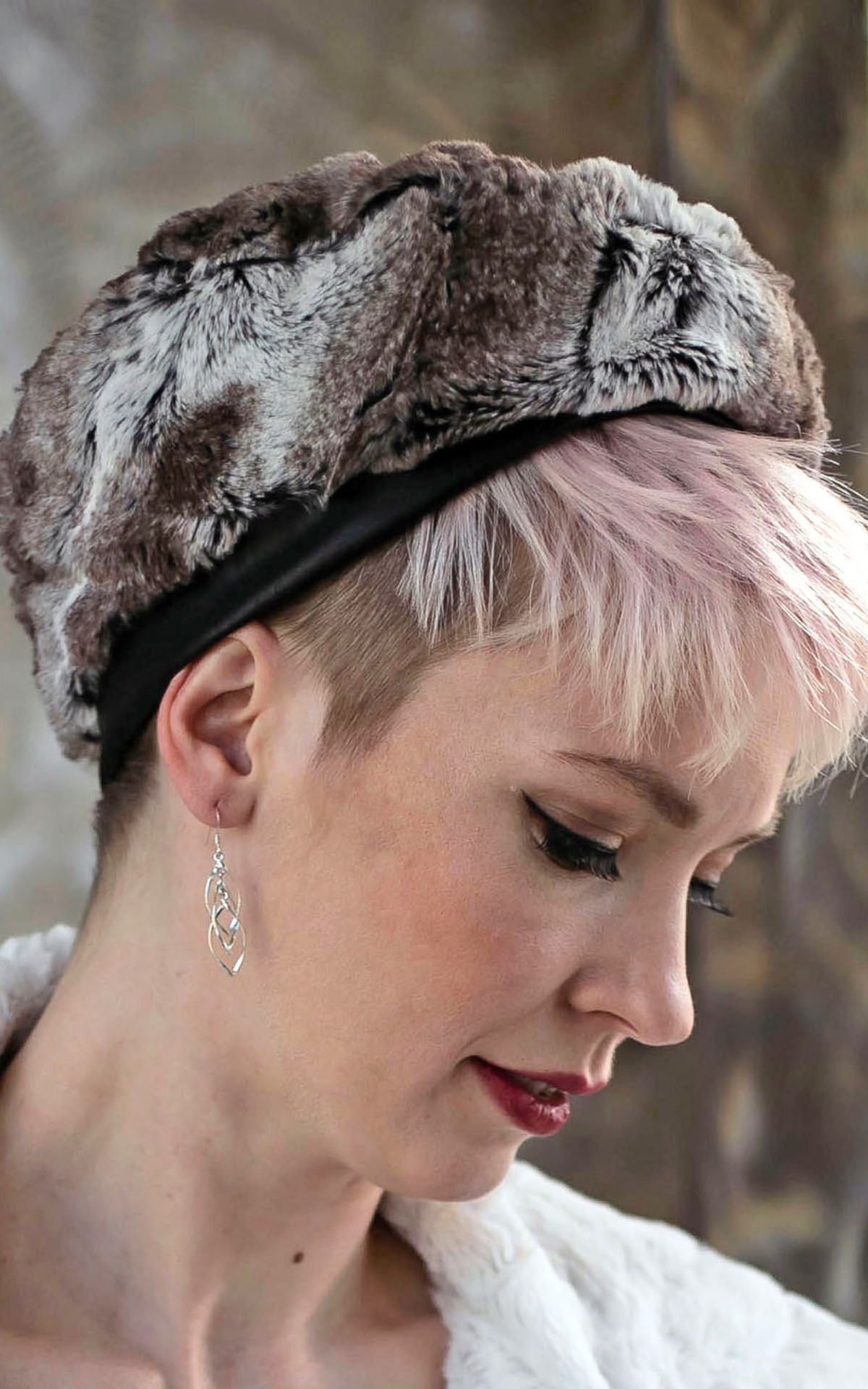 Cuffed Pillbox in Navy Chevron with Ivory Faux Fur handmade in Seattle WA USA by Pandemonium millinery