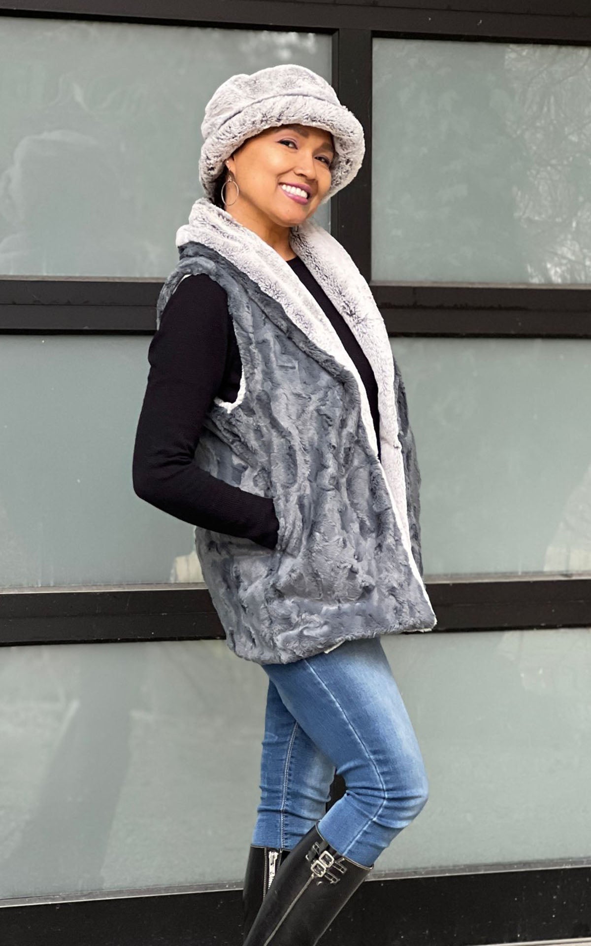 Women's Shawl Collar Vest Collection in assorted faux furs handmade in Seattle WA USA