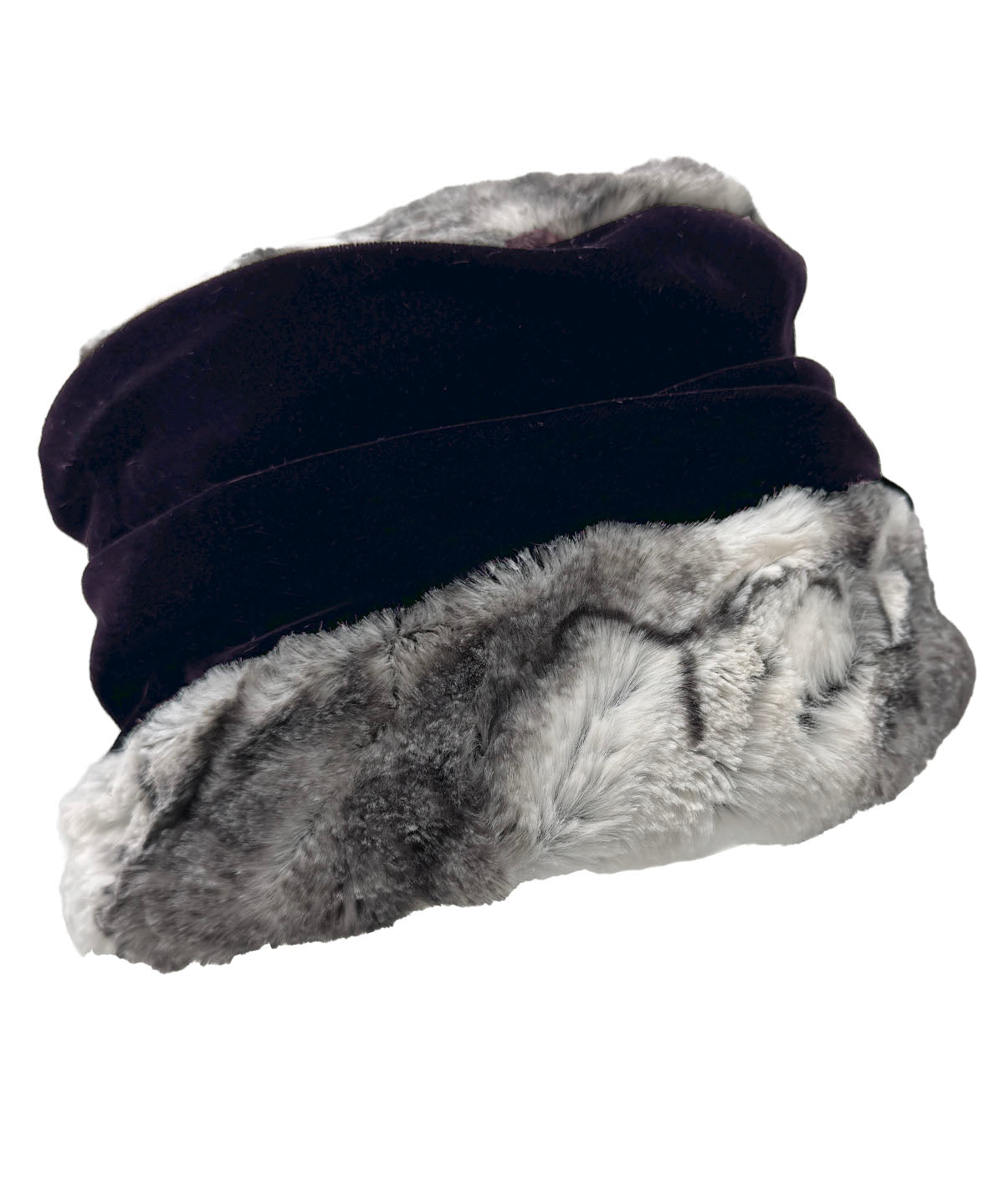 Ana Cloche Hat in Classic Luxury Smoke Show Faux Fur with Black Velvet. Made in Seattle, WA, USA by Pandemonium Seattle.