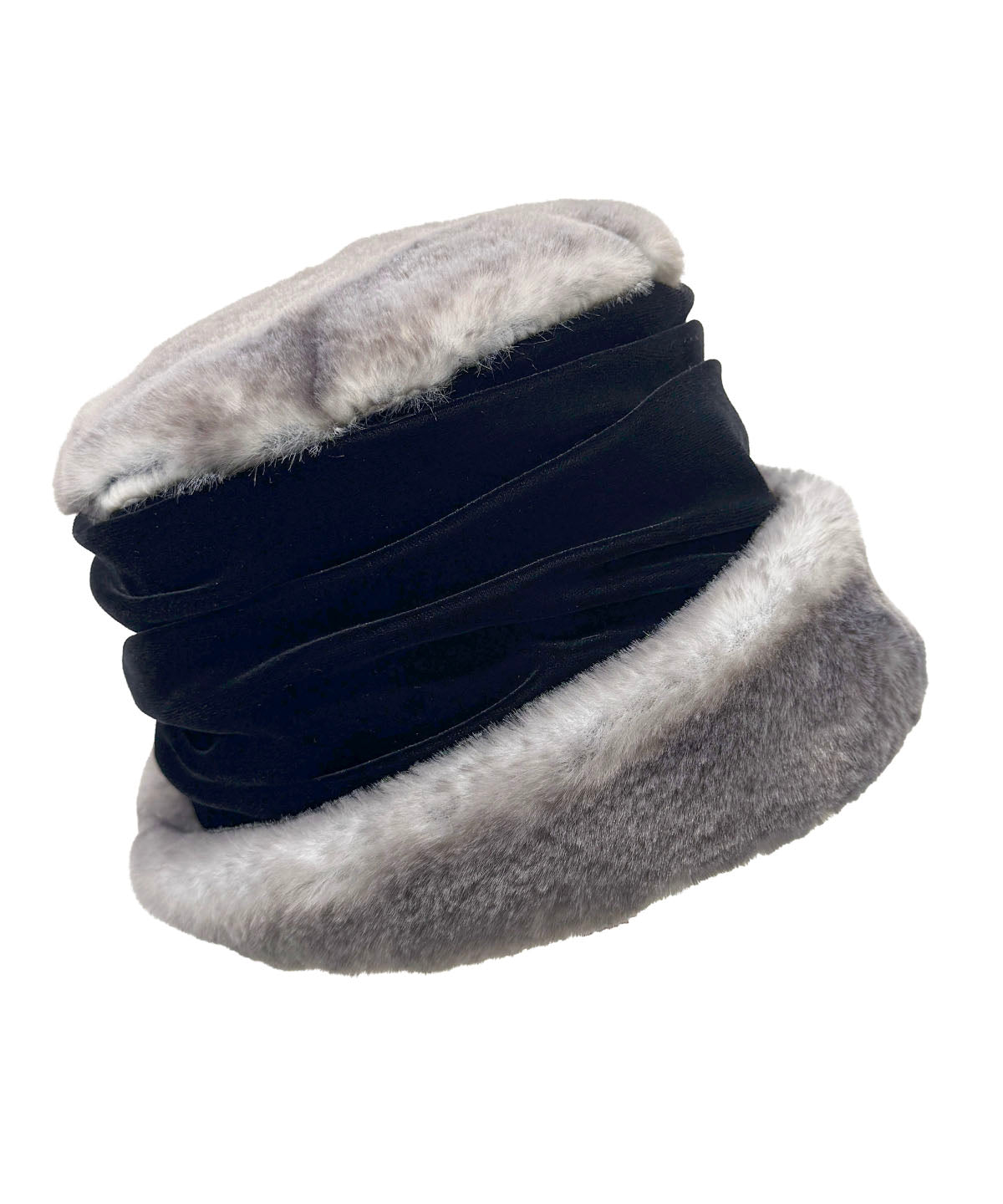 Ana Cloche Hat in Coastal Plush Olympic Fog Faux Fur and Black Velvet. Made in Seattle, WA, USA by Pandemonium Seattle.