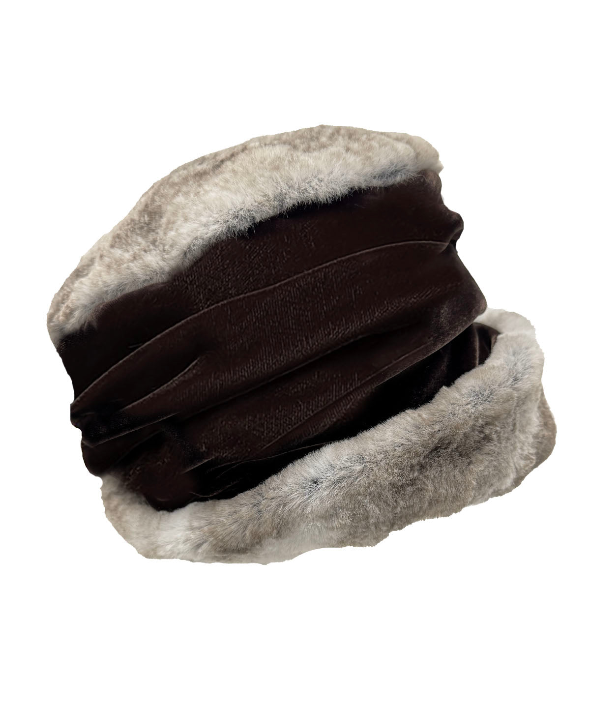 Ana Cloche Hat in Classic Luxury Driftwood Faux Fur with Chocolate Velvet. Made in Seattle, WA, USA by Pandemonium Seattle.