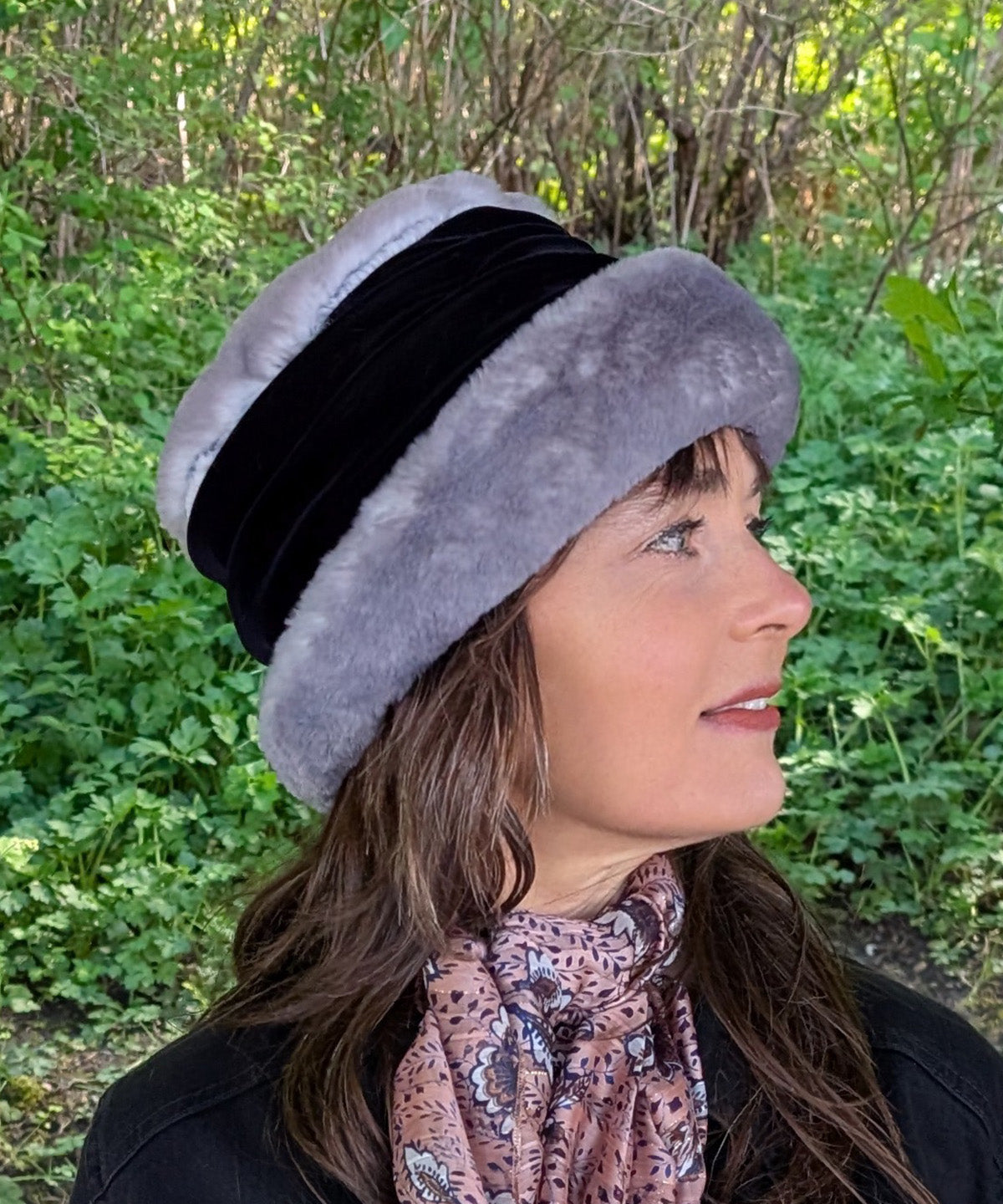Ana Cloche Hat in Coastal Plush Olympic Fog Faux Fur and Black Velvet. Made in Seattle, WA, USA by Pandemonium Seattle.