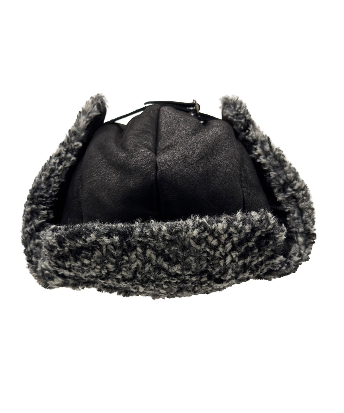 Aviator Hat in Vegan Leather Rustic Noir with Cozy Cable Knit reversible lining. Shown with ear flaps up with leather strap. Brim of hat is turned up to show the Cozy Cable lining. Made in Seattle, WA, USA by Pandemonium Seattle.