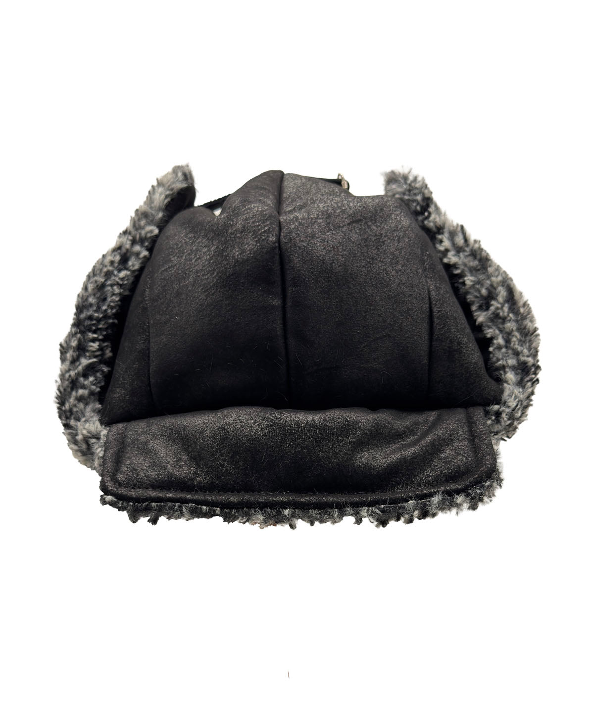 Aviator Hat in Vegan Leather Rustic Noir with Cozy Cable Knit reversible lining. Shown with ear flaps up with leather strap. Brim of hat is turned down. Made in Seattle, WA, USA by Pandemonium Seattle.