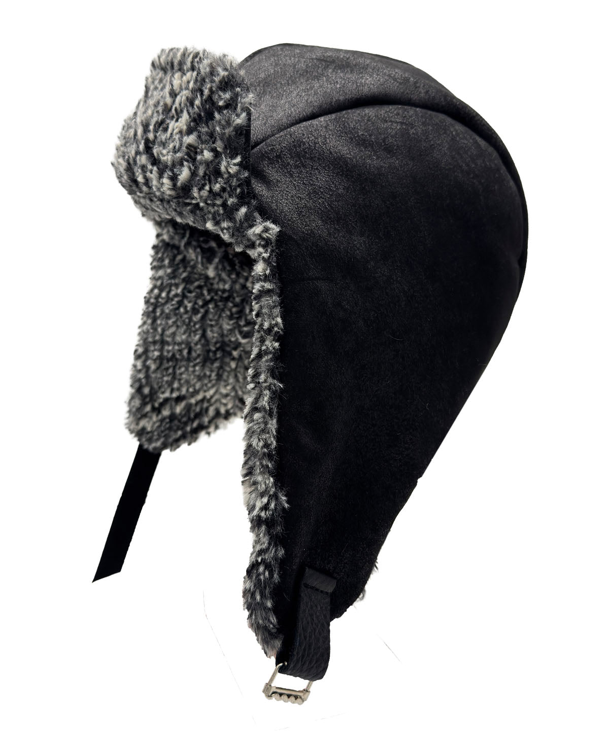 Aviator Hat in Vegan Leather Rustic Noir with Cozy Cable Knit reversible lining. Shown with ear flaps down with leather strap. Brim of hat is turned up to show the Cozy Cable lining. Made in Seattle, WA, USA by Pandemonium Seattle.