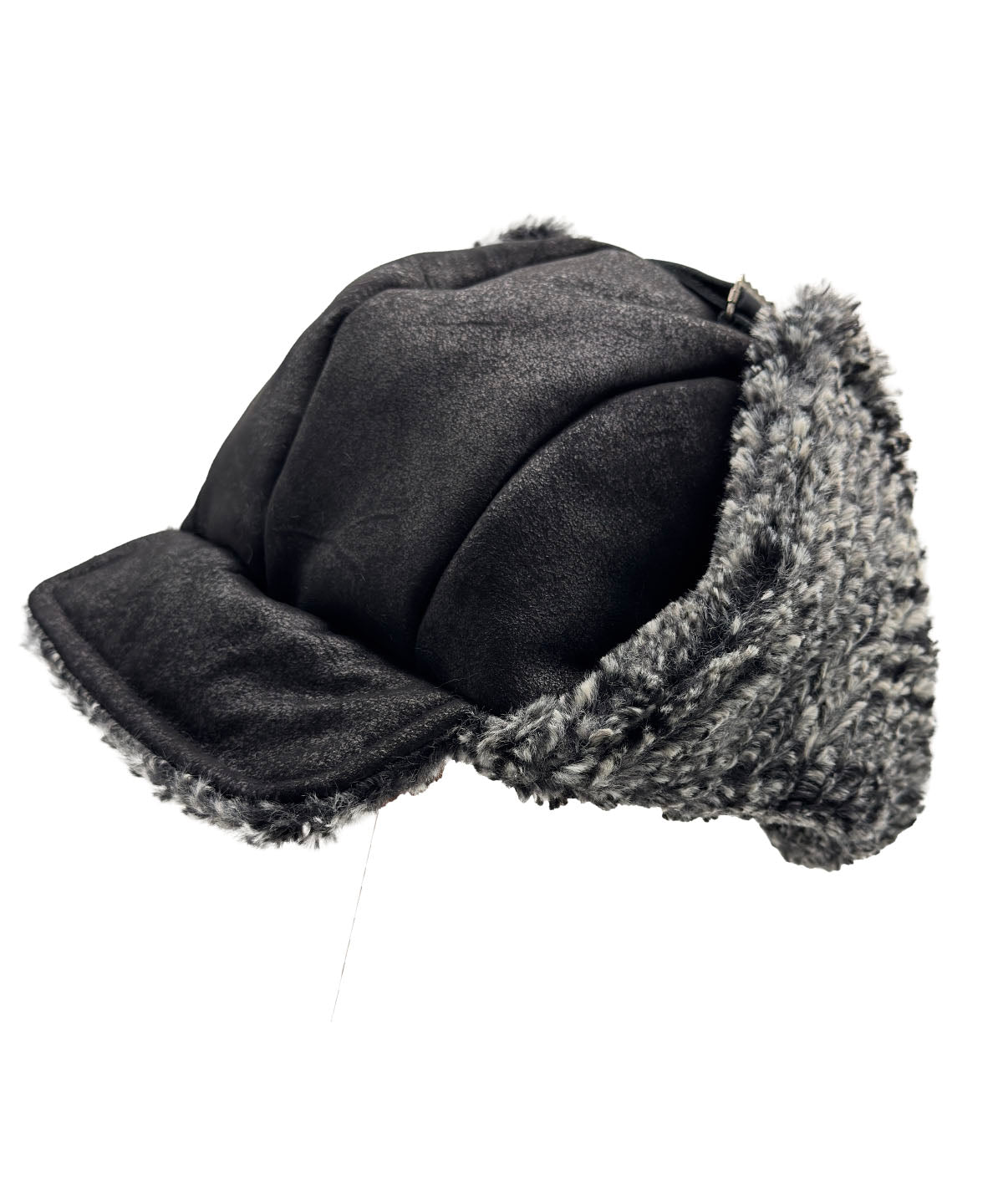 Aviator Hat in Vegan Leather Rustic Noir with Cozy Cable Knit reversible lining. Shown in side profile, with ear flaps up with leather strap. Brim of hat is turned down to show the Cozy Cable lining. Made in Seattle, WA, USA by Pandemonium Seattle.