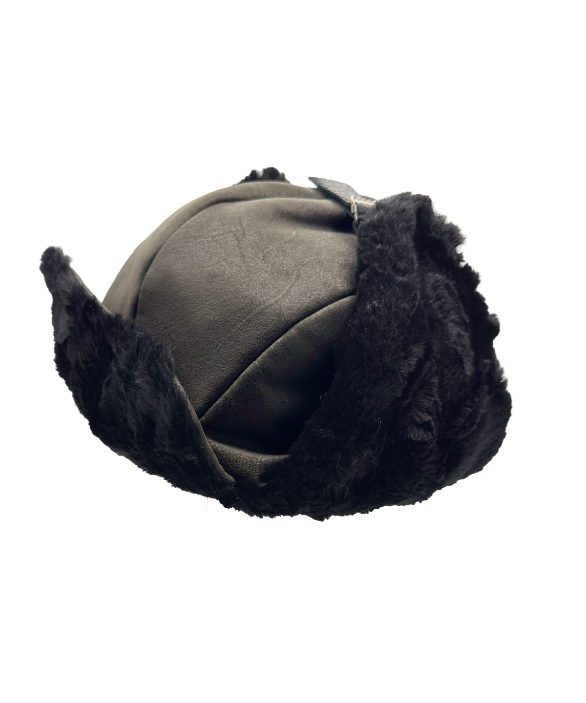 Aviator Hat in Vegan Leather Rustic Olive with Cuddly Black Faux Fur reversible lining. Shown in side profile, with ear flaps up with leather strap. Brim of hat is turned up to show the Cuddly Black Faux Fur lining. Made in Seattle, WA, USA by Pandemonium Seattle.