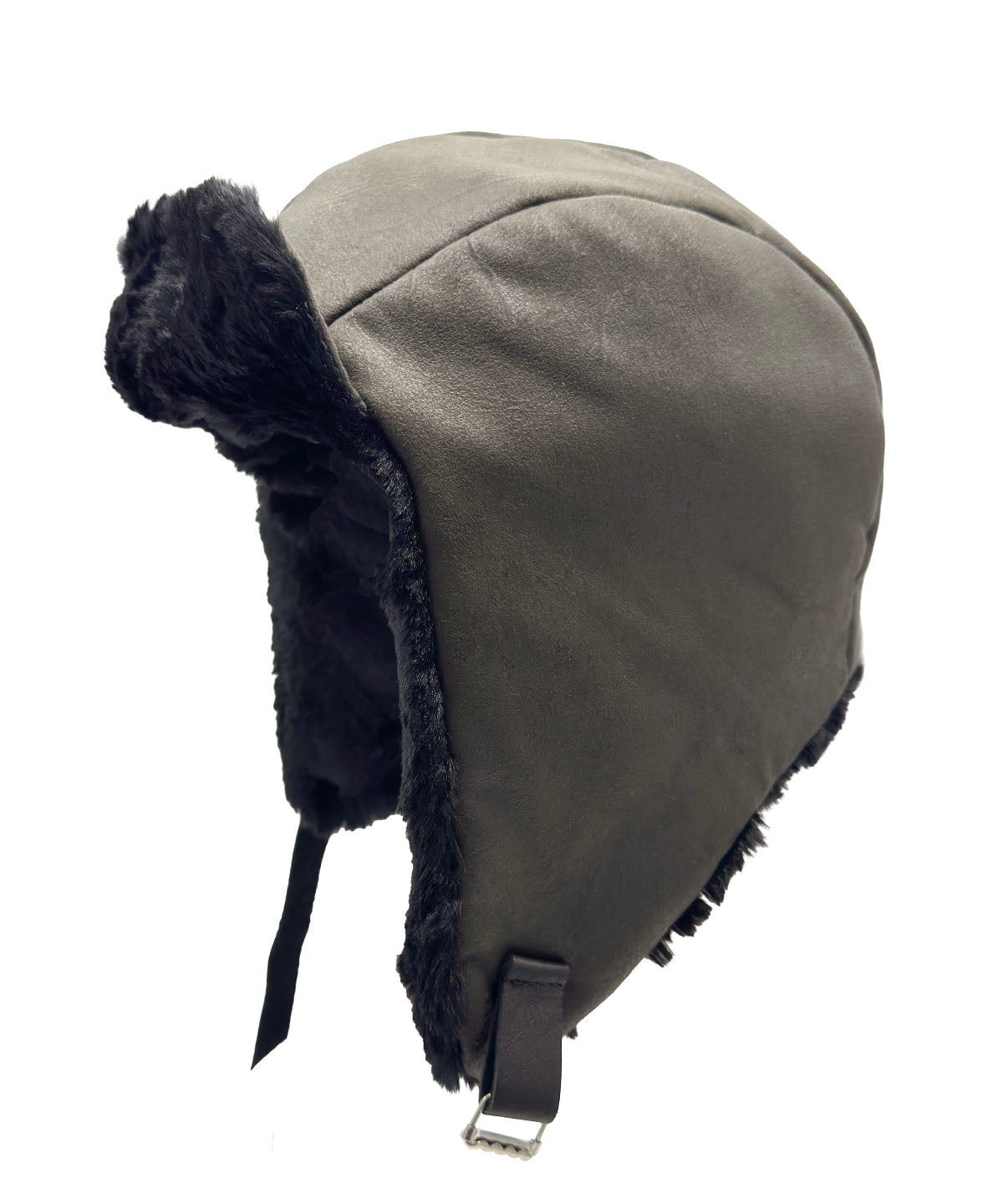 Aviator Hat in Vegan Leather Rustic Olive with Cuddly Black Faux Fur reversible lining. Shown in side profile, with ear flaps down with leather strap. Brim of hat is turned up to show the Cuddly Black Faux Fur lining. Made in Seattle, WA, USA by Pandemonium Seattle.