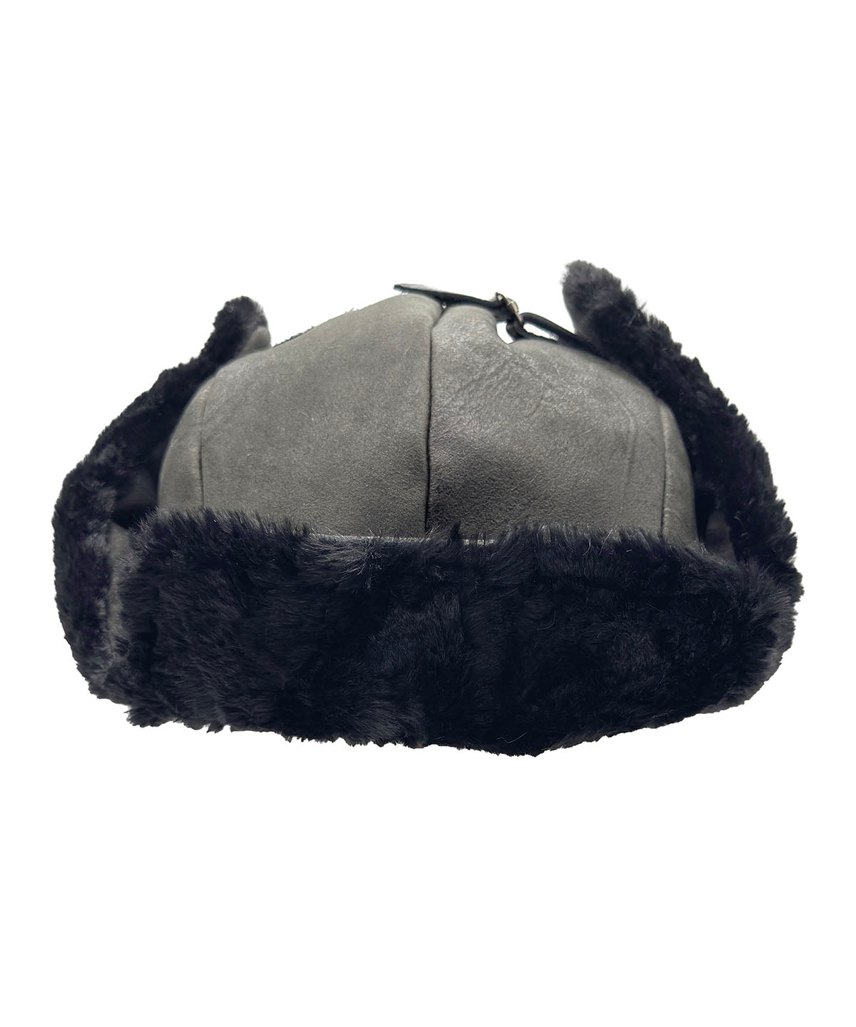 Aviator Hat in Vegan Leather Rustic Olive with Cuddly Black Faux Fur reversible lining. Shown  with ear flaps up with leather strap. Brim of hat is turned up to show the Cuddly Black Faux Fur lining. Made in Seattle, WA, USA by Pandemonium Seattle.