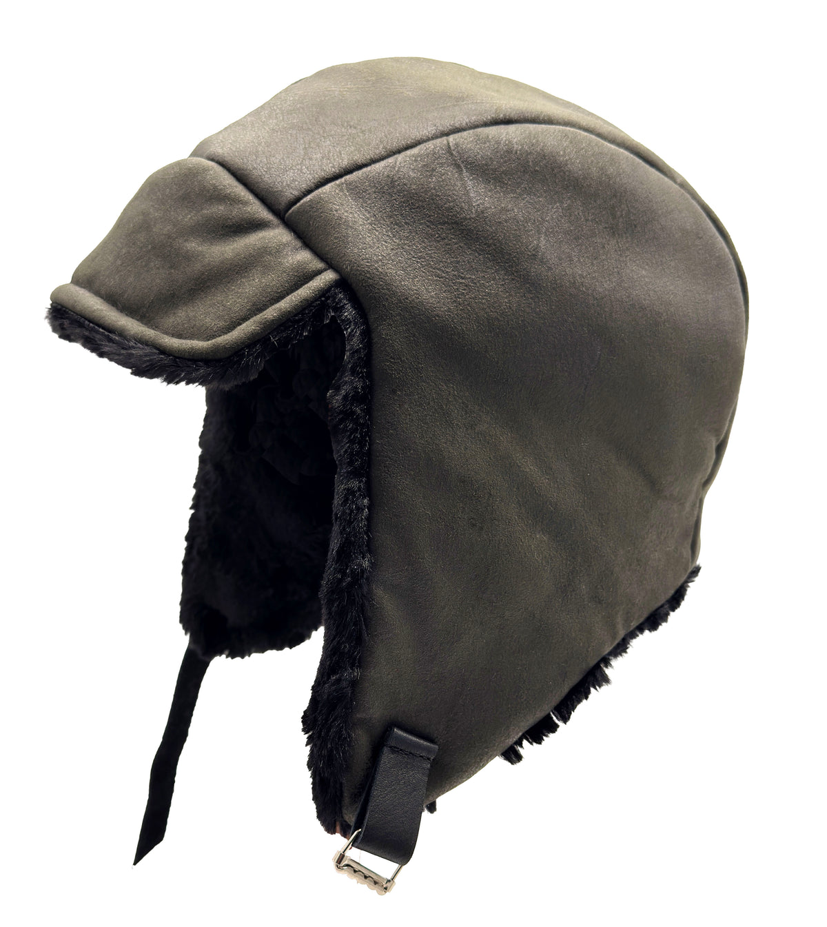 Aviator Hat in Vegan Leather Rustic Olive with Cuddly Black Faux Fur reversible lining. Made in Seattle, WA, USA by Pandemonium Seattle.