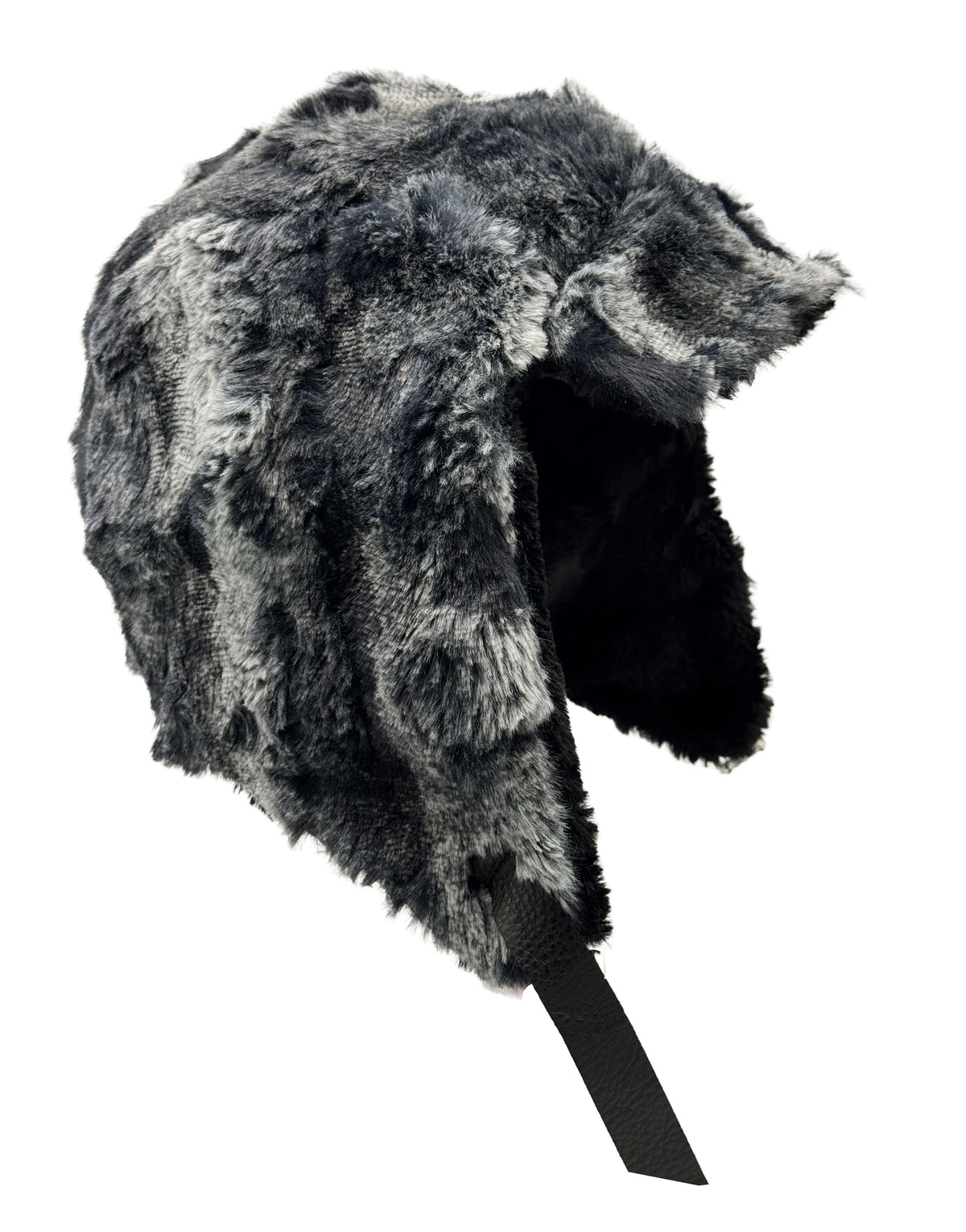 Aviator Hat or Trapper Hat in Classic Luxury Cloudwalk Shadow Faux Fur with reverse side Cuddly Black Faux Fur. Made in Seattle, WA, USA by Pandemonium Seattle.