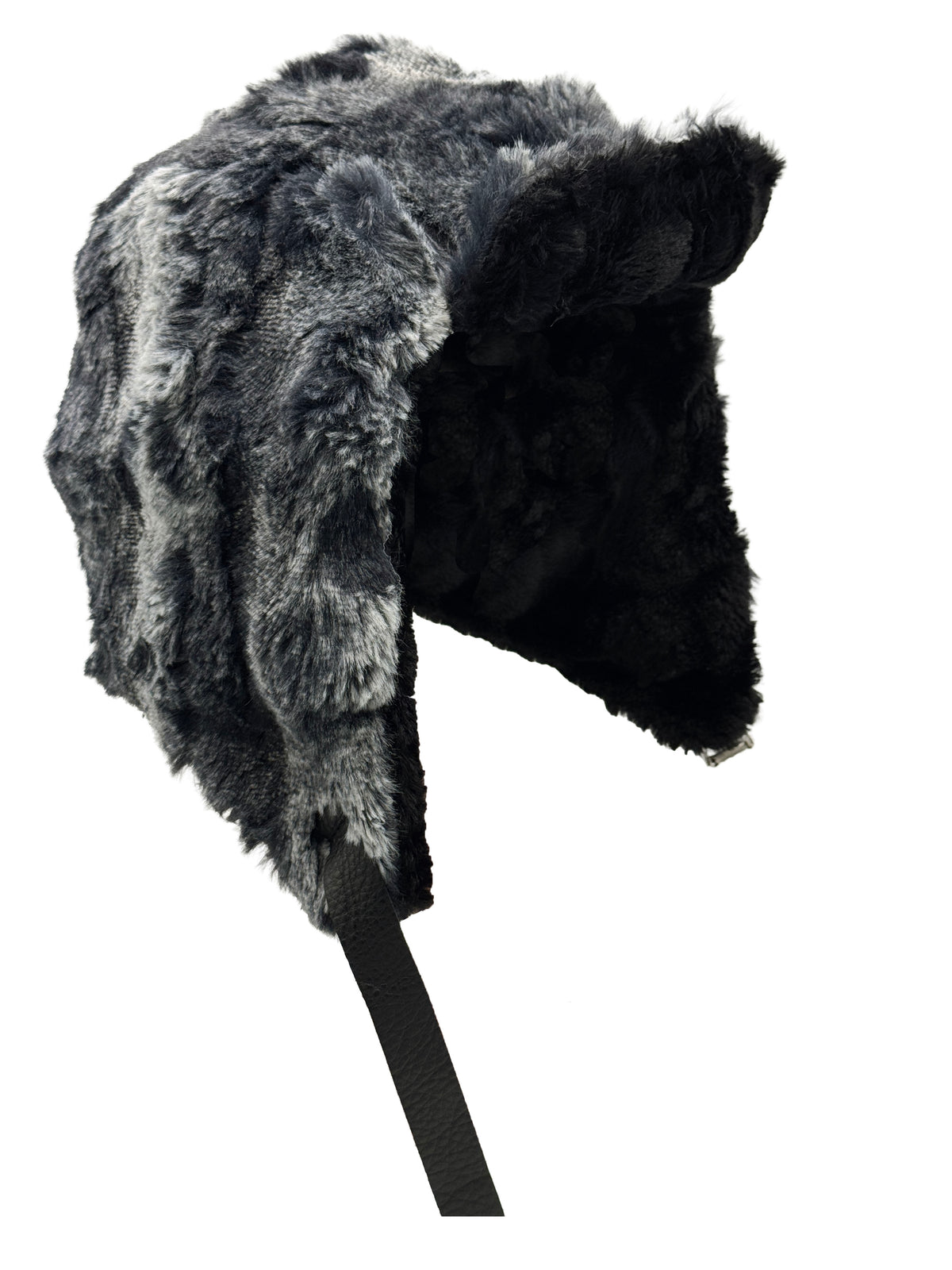 Aviator Hat or Trapper Hat in Classic Luxury Cloudwalk Shadow Faux Fur with reverse side Cuddly Black Faux Fur. Shown with the brim turned up. Made in Seattle, WA, USA by Pandemonium Seattle.