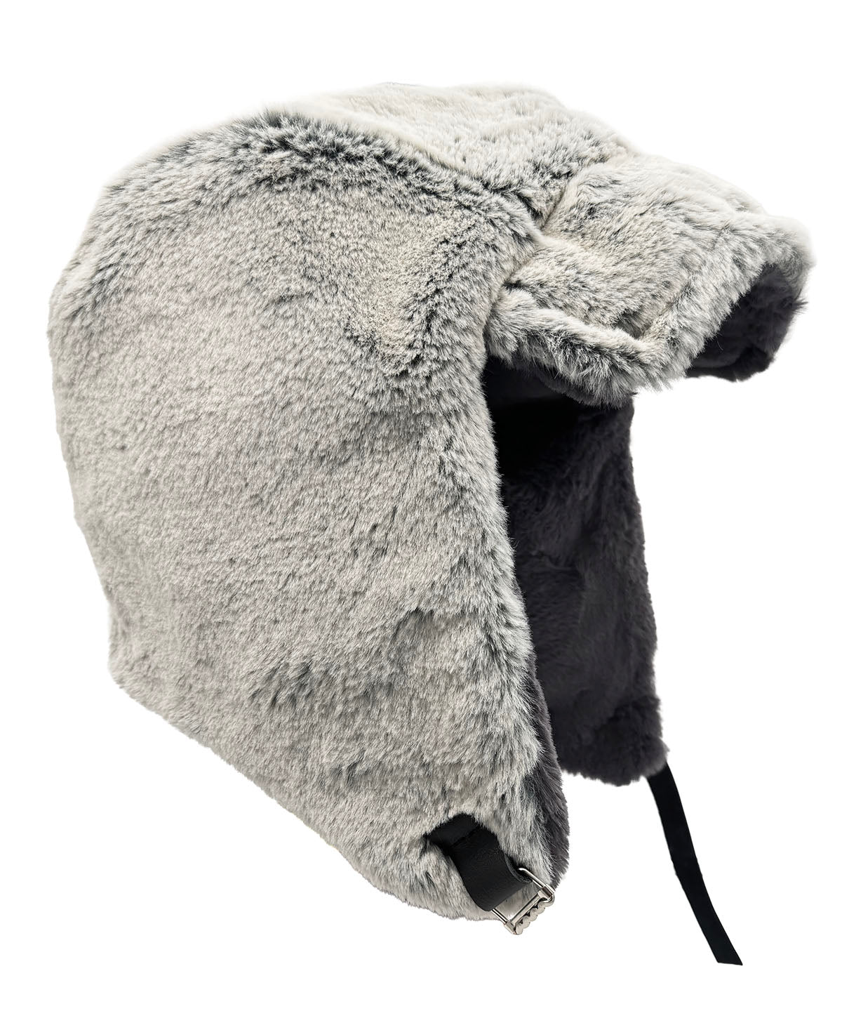 Aviator Hat or Trapper Hat in Classic Luxury Frosted Juniper Faux Fur with reverse side Cuddly Smoky Faux Fur. Made in Seattle, WA, USA by Pandemonium Seattle.