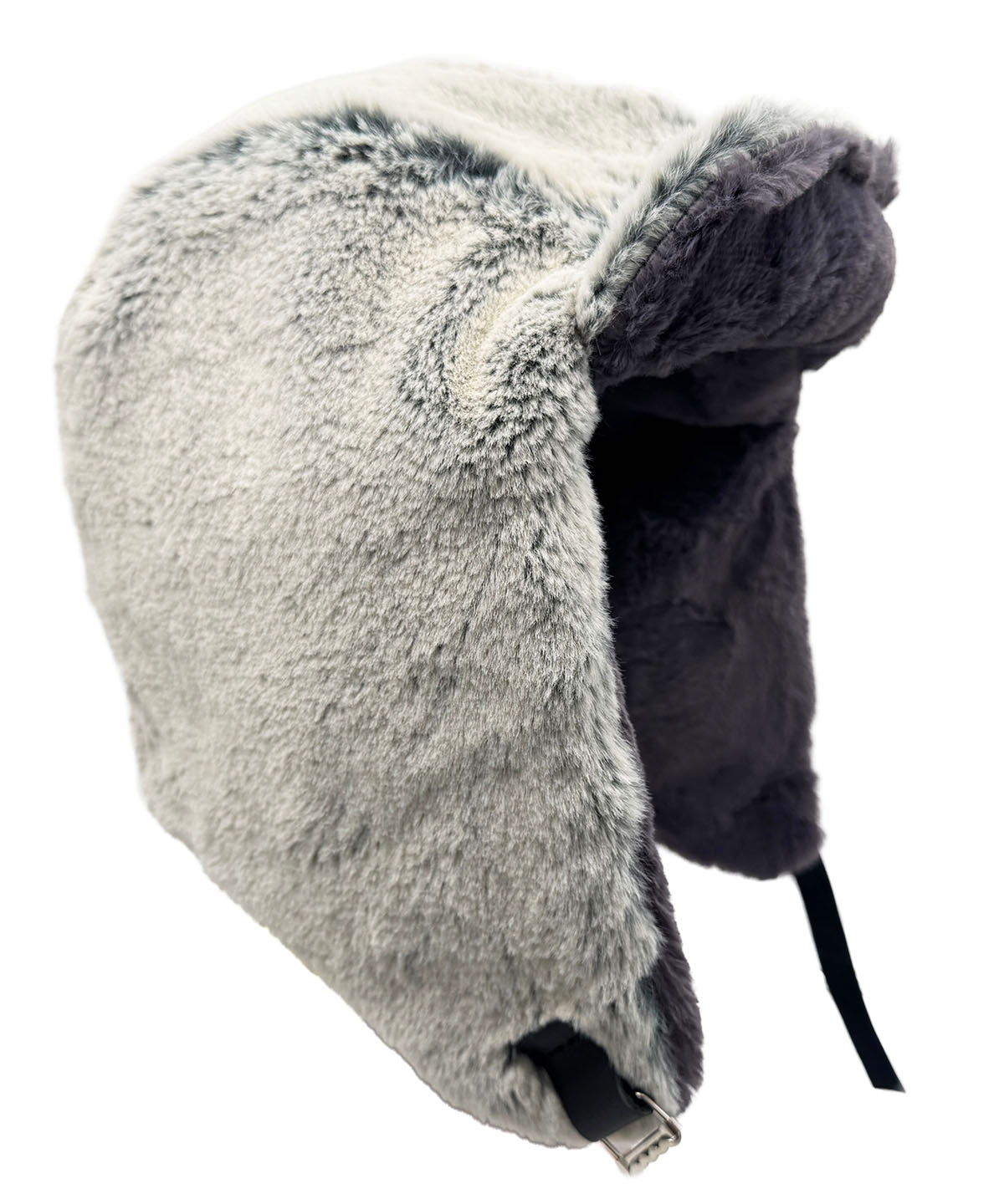 Aviator Hat or Trapper Hat in Classic Luxury Frosted Juniper Faux Fur with reverse side Cuddly Smoky Faux Fur.  Shown with the brim turned up. Made in Seattle, WA, USA by Pandemonium Seattle.