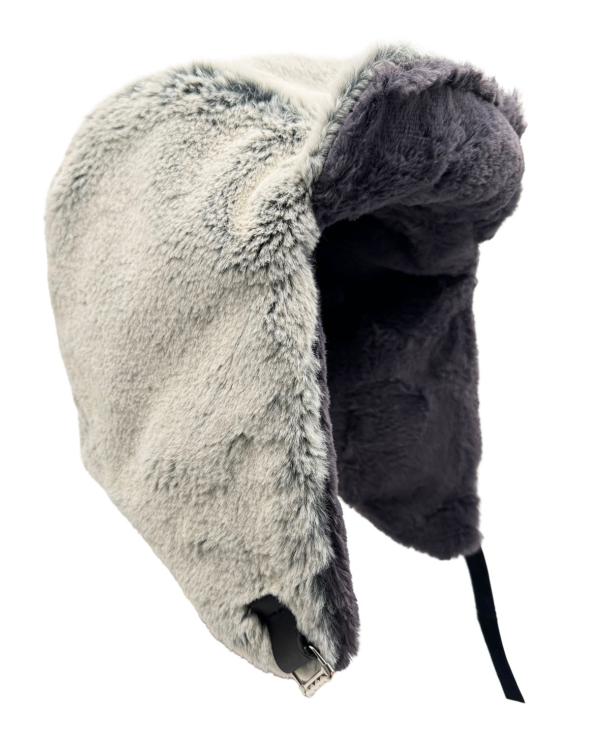 Aviator Hat or Trapper Hat in Classic Luxury Frosted Juniper Faux Fur with reverse side Cuddly Smoky Faux Fur. Side profile with brim turned up. Made in Seattle, WA, USA by Pandemonium Seattle.