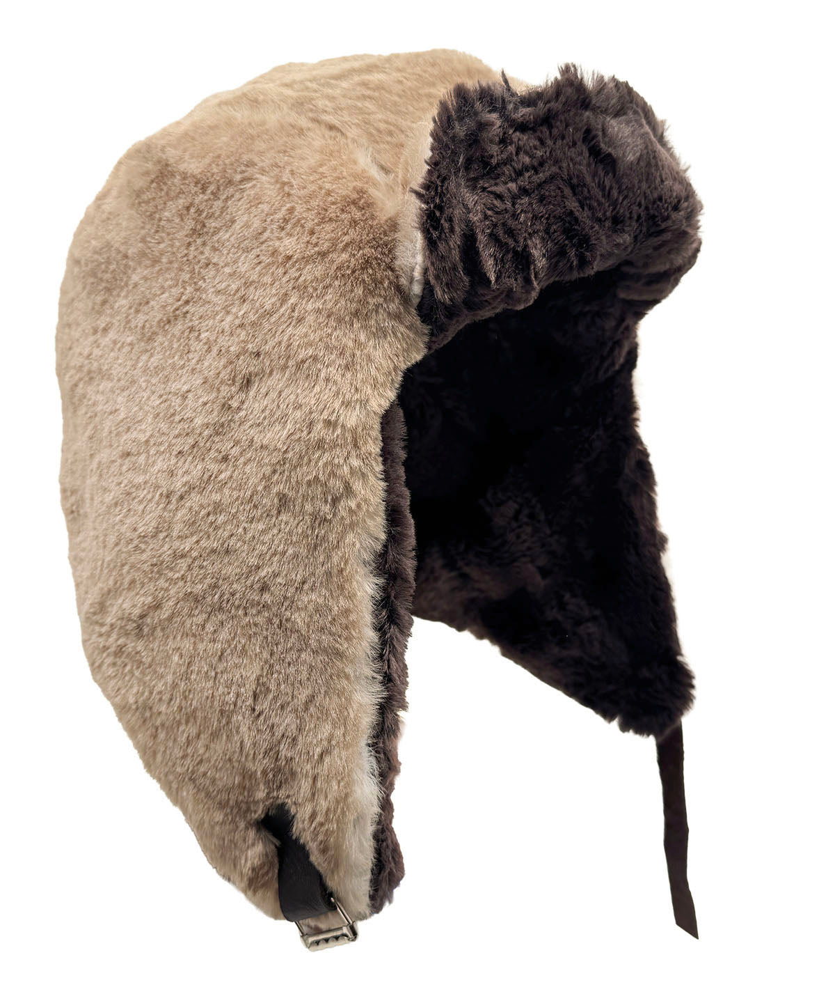 Aviator Hat or Trapper Hat in Coastal Plush Golden Bluff Faux Fur with reverse side Espresso Bean Faux Fur. Shown with brim turned up. Made in Seattle, WA, USA by Pandemonium Seattle.