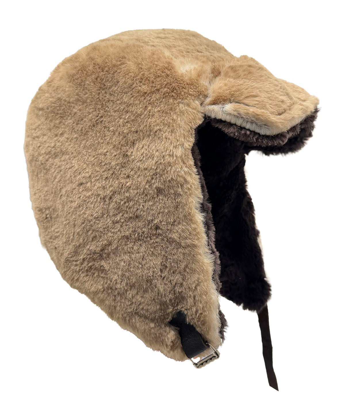 Aviator Hat or Trapper Hat in Coastal Plush Golden Bluff Faux Fur with reverse side Espresso Bean Faux Fur. Shown in side profile. Made in Seattle, WA, USA by Pandemonium Seattle.