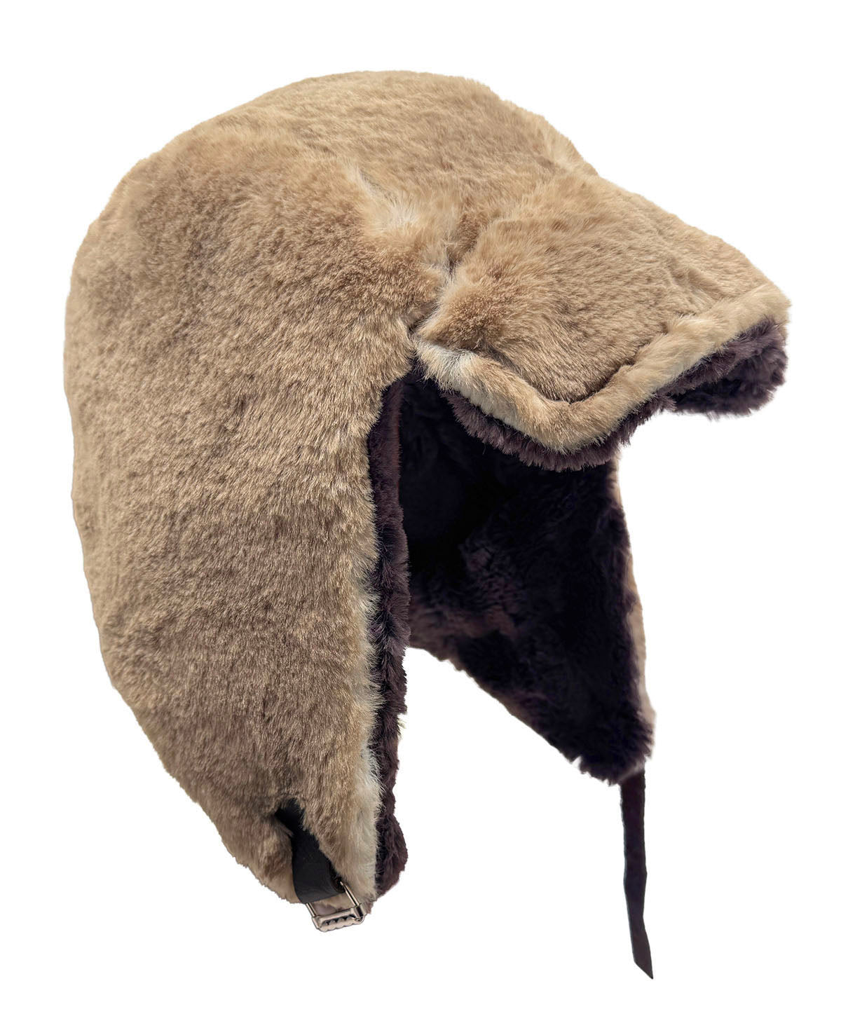 Aviator Hat or Trapper Hat in Coastal Plush Golden Bluff Faux Fur with reverse side Espresso Bean Faux Fur. Additional view of side profile. Made in Seattle, WA, USA by Pandemonium Seattle.