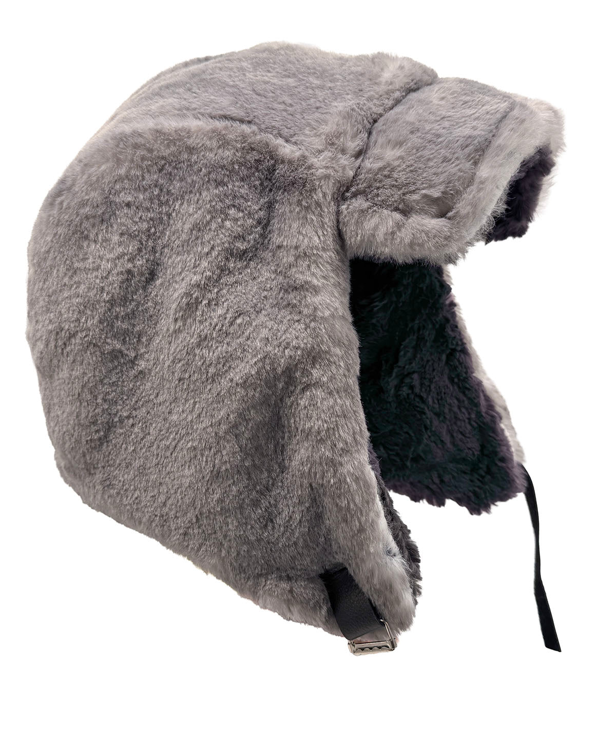 Aviator Hat or Trapper Hat in Coastal Plush Olympic Fog Faux Fur with reverse side Cuddly Smoky Faux Fur. shown with the brim turned down and side profile. Made in Seattle, WA, USA by Pandemonium Seattle.