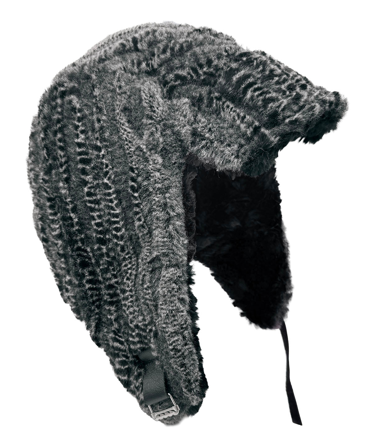 Aviator Hat or Trapper Hat in Classic Luxury Rattle N Shake Faux Fur with reverse side Cuddly Black Faux Fur. shown with the brim turned down. Made in Seattle, WA, USA by Pandemonium Seattle.