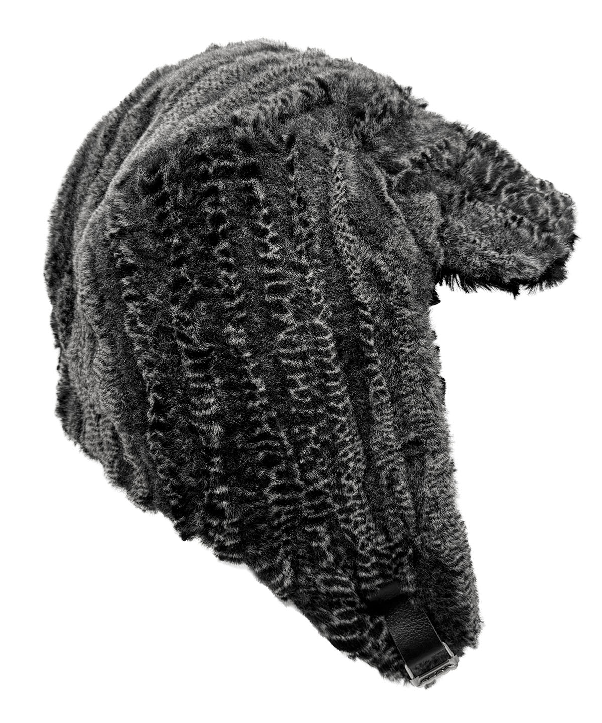 Aviator Hat or Trapper Hat in Classic Luxury Rattle N Shake Faux Fur with reverse side Cuddly Black Faux Fur. shown in side profile. Made in Seattle, WA, USA by Pandemonium Seattle.