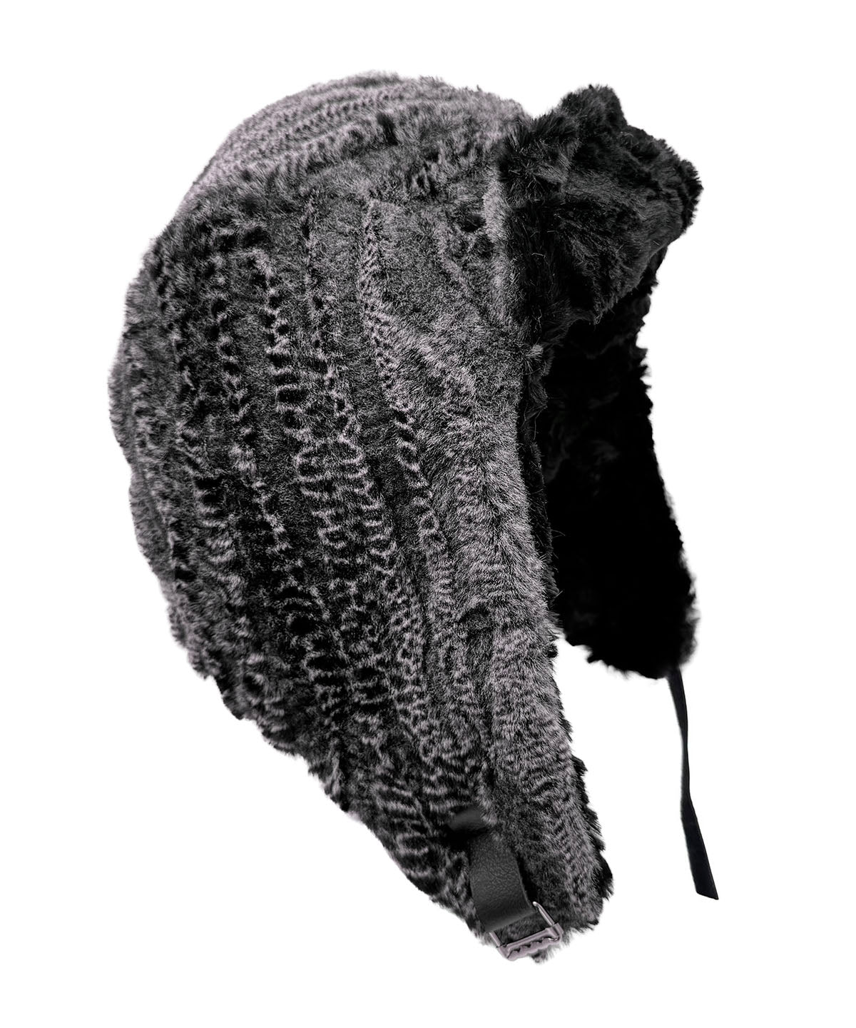 Aviator Hat or Trapper Hat in Classic Luxury Rattle N Shake Faux Fur with reverse side Cuddly Black Faux Fur. shown with the brim turned up. Made in Seattle, WA, USA by Pandemonium Seattle.
