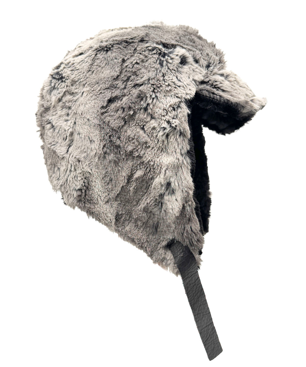 Aviator Hat or Trapper Hat in Classic Luxury Seattle Sky Faux Fur with reverse side Cuddly Black Faux Fur. shown with the brim turned down. Made in Seattle, WA, USA by Pandemonium Seattle.