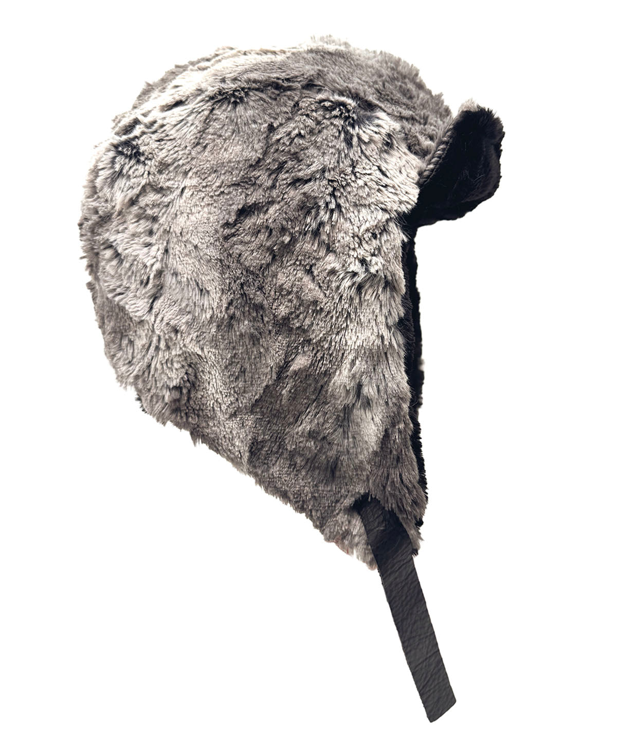 Aviator Hat or Trapper Hat in Classic Luxury Seattle Sky Faux Fur with reverse side Cuddly Black Faux Fur. shown with the brim turned up. Made in Seattle, WA, USA by Pandemonium Seattle.