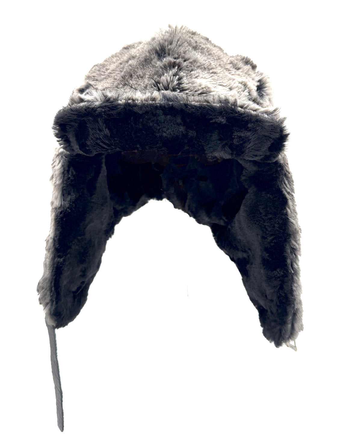 Aviator Hat or Trapper Hat in Classic Luxury Seattle Sky Faux Fur with reverse side Cuddly Black Faux Fur. shown front profile with brim turned up. Made in Seattle, WA, USA by Pandemonium Seattle.