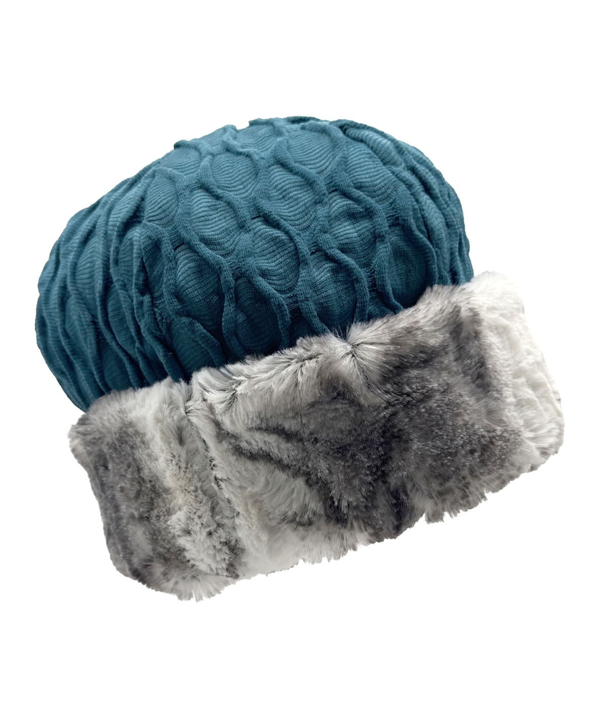 Beanie Hat in Fractal Cerulean Blue and Luxury Faux Fur Smoke Show. Shown with faux fur cuff turned up. Made in Seattle, WA, USA by Pandemonium Seattle.