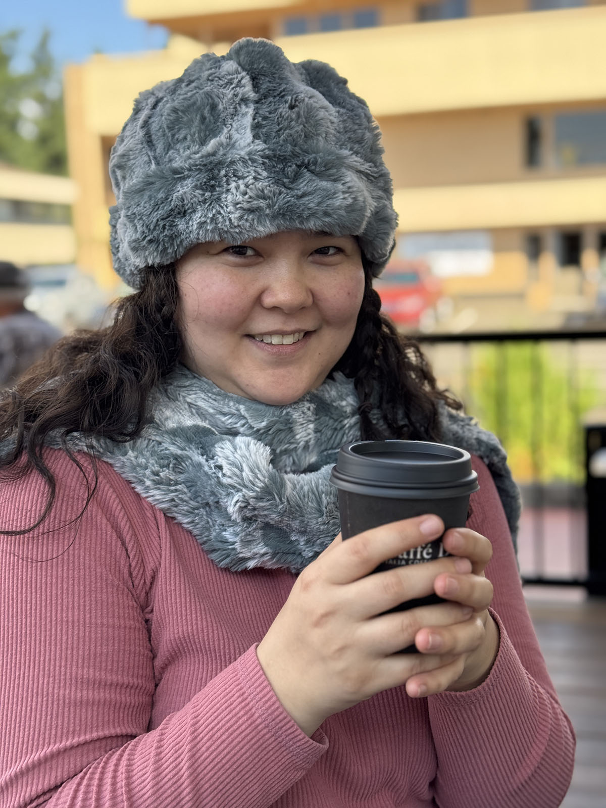 Woman wearing the Beanie Hat in Cloudwalk Blue Mist with the Classic Scarf in Cloudwalk Blue Mist. Hand sewn in Seattle, Washington by Pandemonium Seattle.