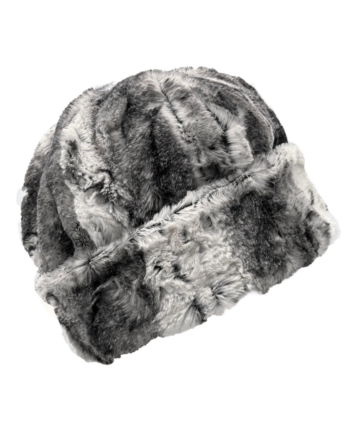 Faux Fur Beanie Hat in Luxury Smoke Show Faux Fur. Available in solid, two-tone with Cuddly Smoky. Shown with cuff turned up. Made in Seattle, WA, USA by Pandemonium Seattle.