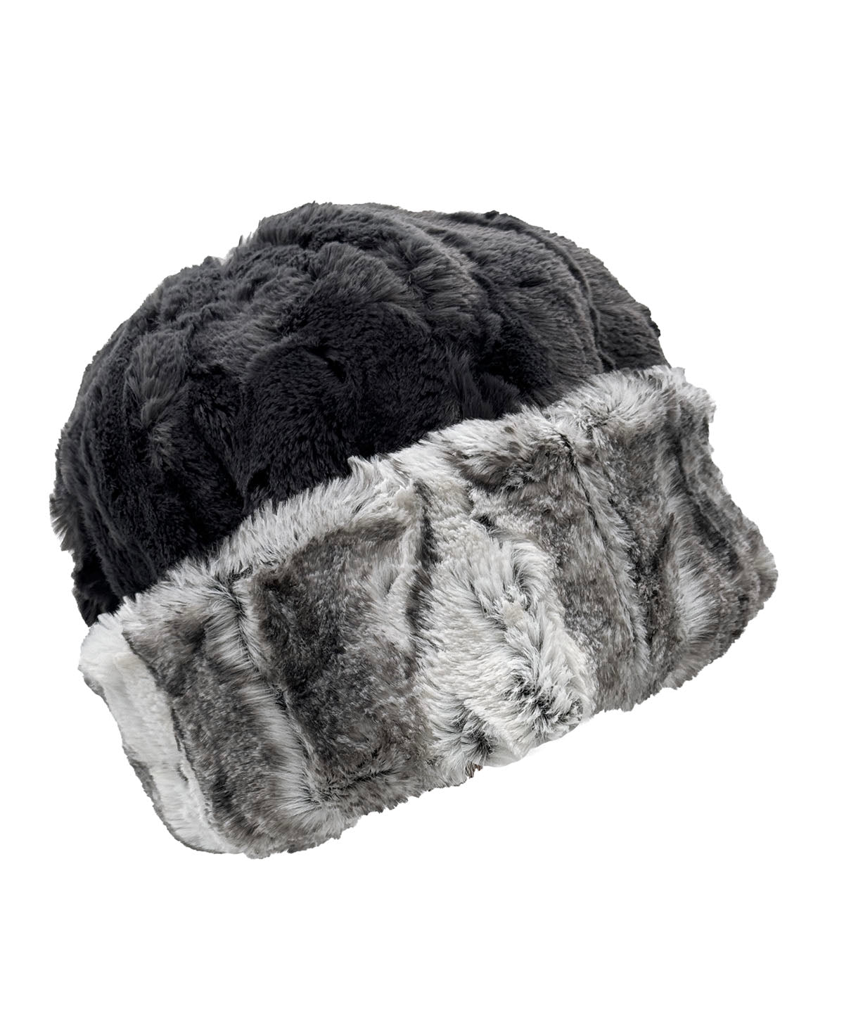 Faux Fur Beanie Hat in Luxury Smoke Show Faux Fur. Available in solid, two-tone with Cuddly Smoky. Shown reversed to the Cuddly Smoky side with Smoke Show cuff turned up. Made in Seattle, WA, USA by Pandemonium Seattle.