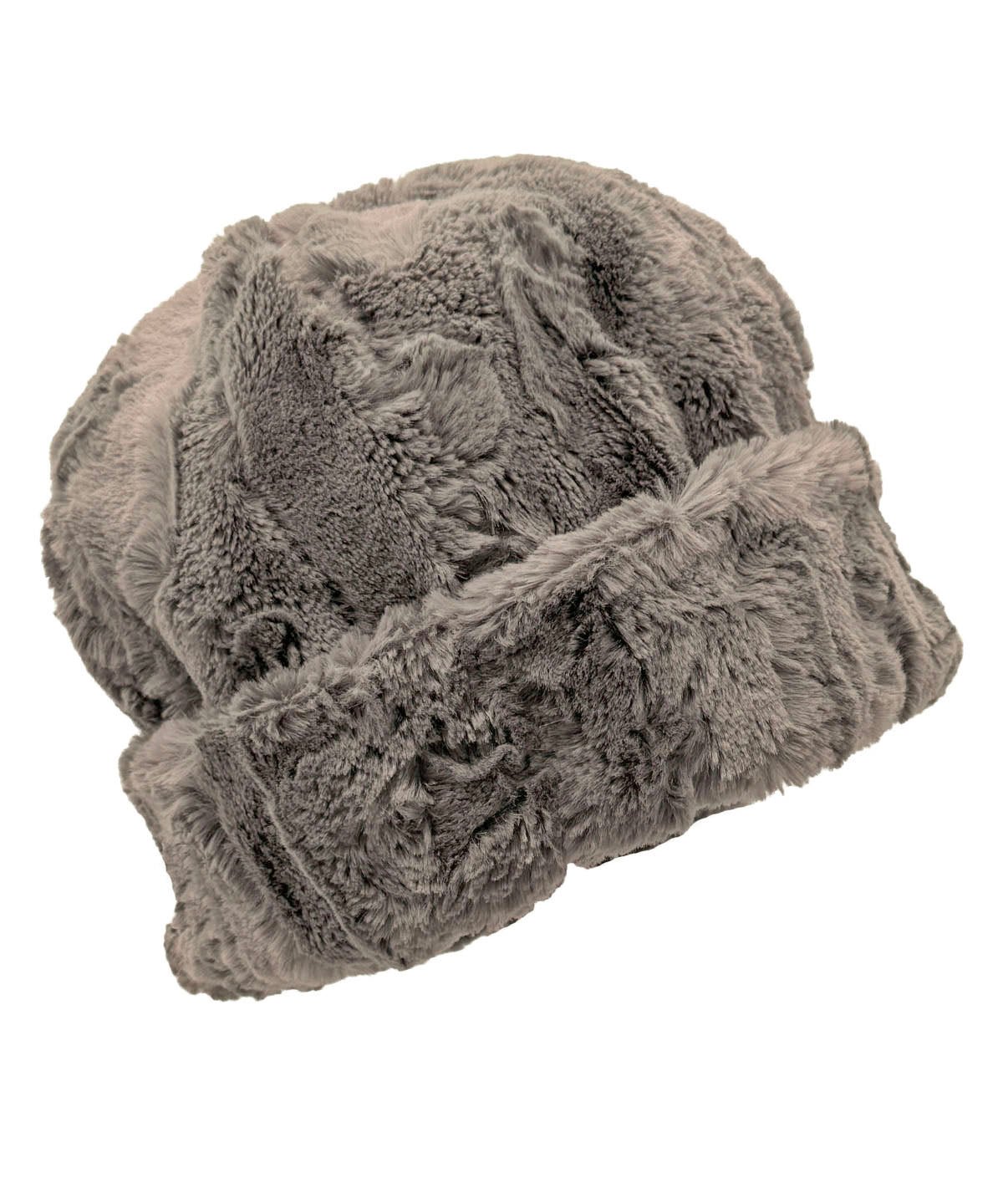 Faux Fur Beanie Hat in Cuddly Taupey Faux Fur. Available in solid or two-tone with Cuddly Black faux fur. Shown with the cuff turned up. Made in Seattle, WA, USA by Pandemonium Seattle.