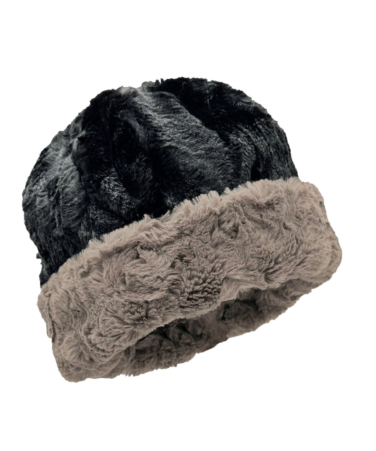 Faux Fur Beanie Hat in Cuddly Taupey Faux Fur. Available in solid or two-tone with Cuddly Black faux fur. Shown with the cuff turned up. Made in Seattle, WA, USA by Pandemonium Seattle.