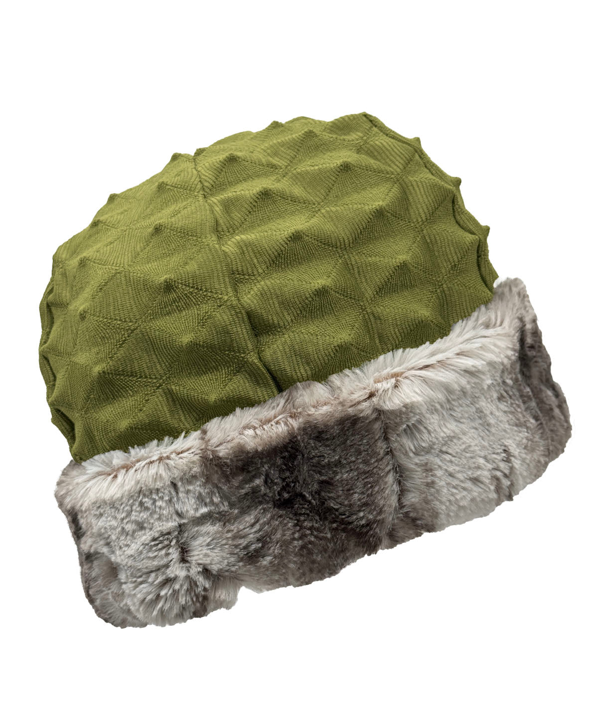 Beanie Hat in Fractal Avocado and Luxury Faux Fur Rusty Rock. Shown with faux fur cuff turned up. Made in Seattle, WA, USA by Pandemonium Seattle.
